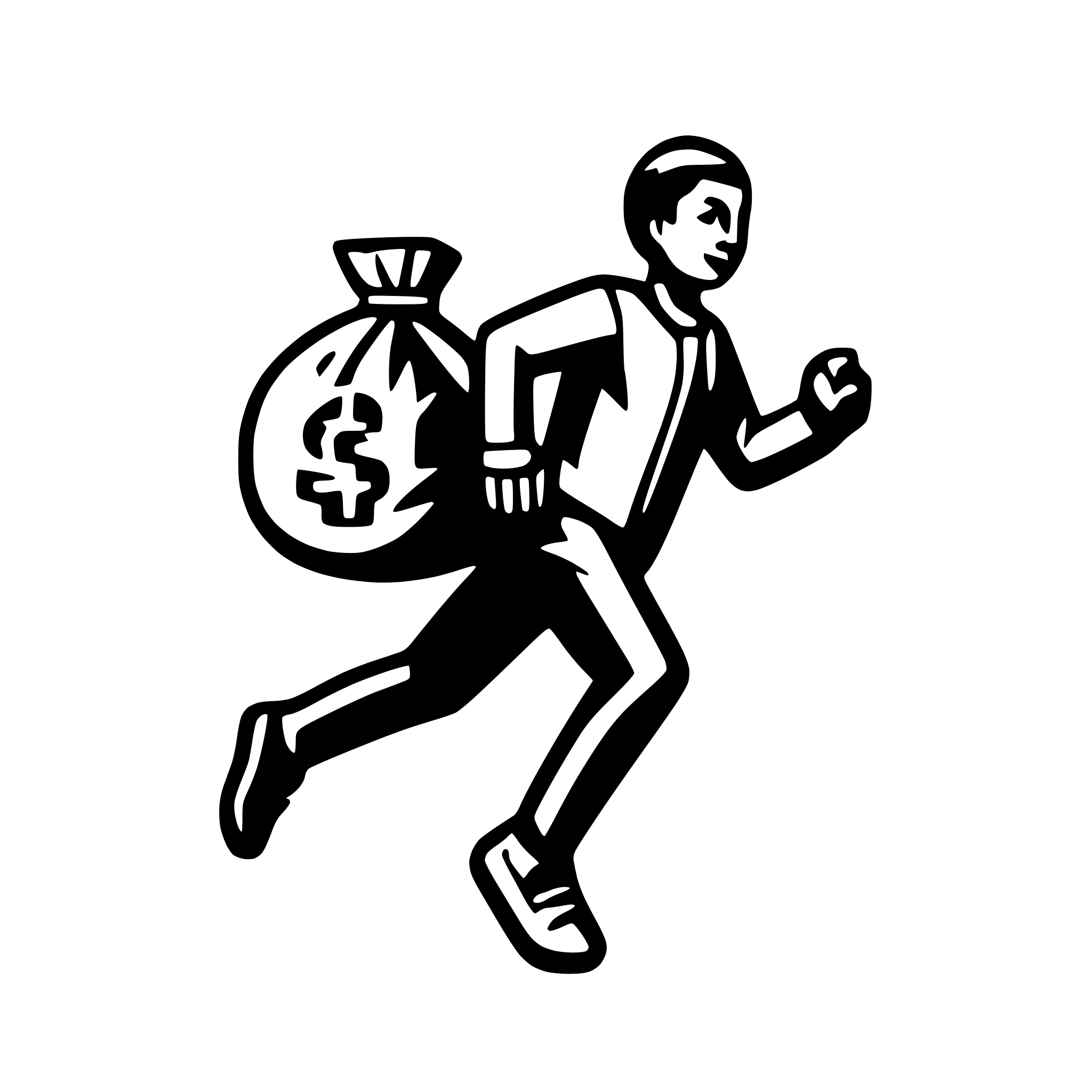 AI-generated SVG of a ogo designed that features a money bag and a man running. The style of the logo should be realistic, and it should be in a black and white color scheme. The logo should convey a feeling of success.