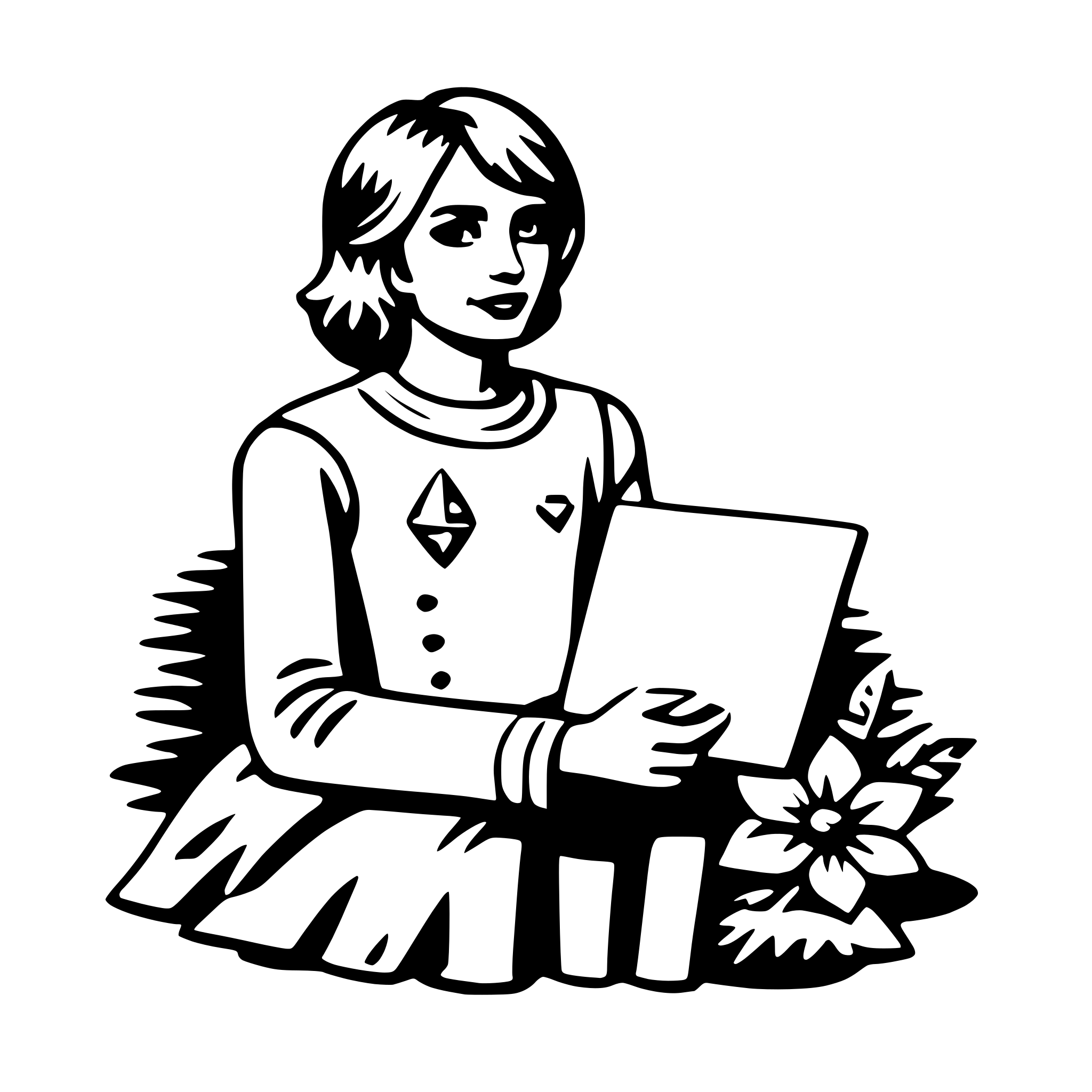 The SVG depicts a stylized illustration of a person sitting on the ground with a laptop on their lap. The person is wearing a long-sleeved shirt with a heart-shaped emblem on the left side of the chest. They have short hair and are holding the laptop with both hands. To the right of the person, there is a small bouquet of flowers. The background is plain and does not provide any additional context or details. The interaction between the objects is that the person is using the laptop, which is the central focus of the SVG. The flowers to the side add a decorative element to the scene. 