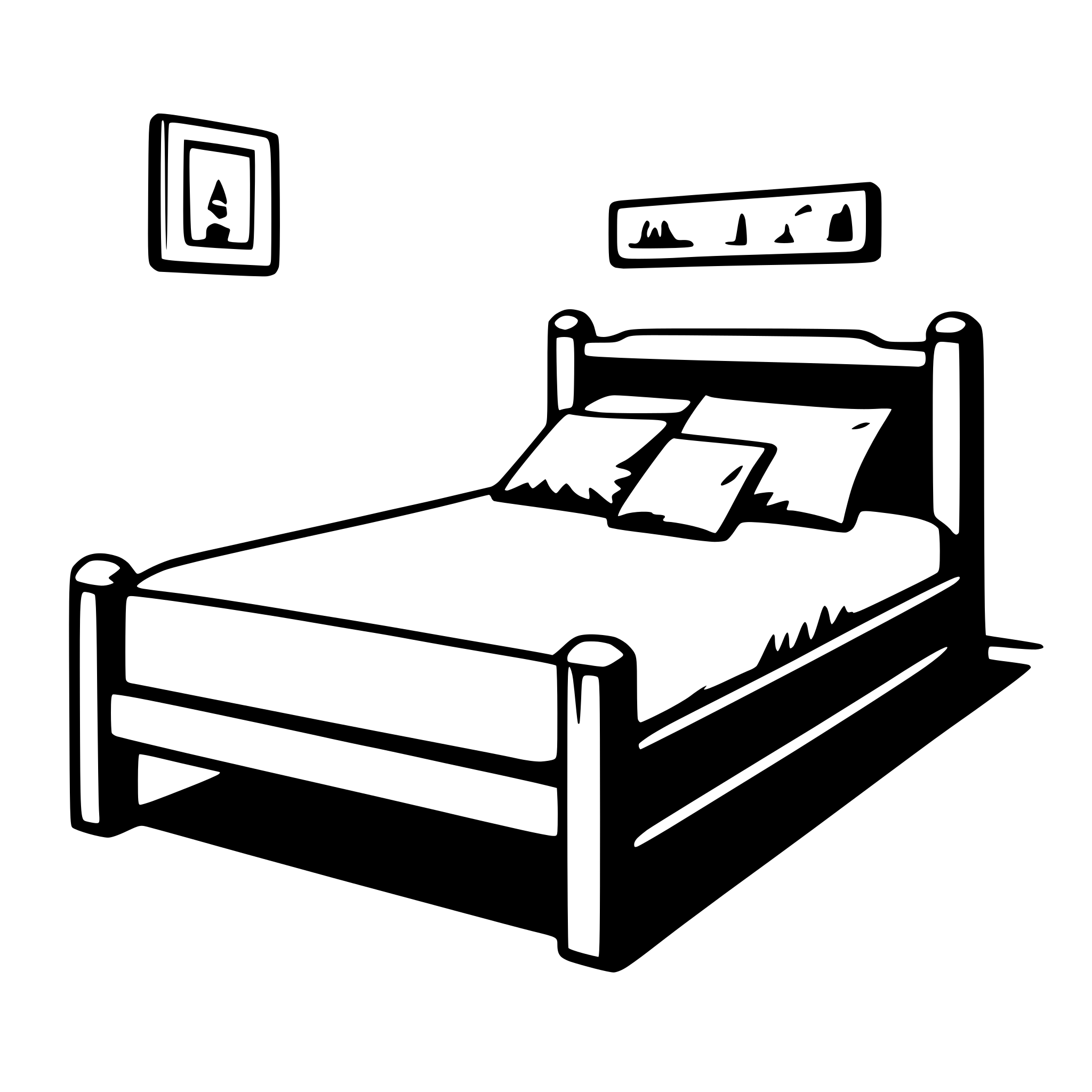 The SVG depicts a simple, stylized bed with a headboard and a footboard. The bed is made up with two pillows and a blanket. The bed is positioned against a wall, and there is a small picture frame hanging on the wall above the bed. The bed is the central object in the SVG, and it is the main focus of the composition. The pillows are placed on the bed, and the blanket is neatly spread out. The picture frame on the wall adds a decorative element to the scene. The SVG does not show any interaction between the objects; it is a static representation of a bedroom scene. 