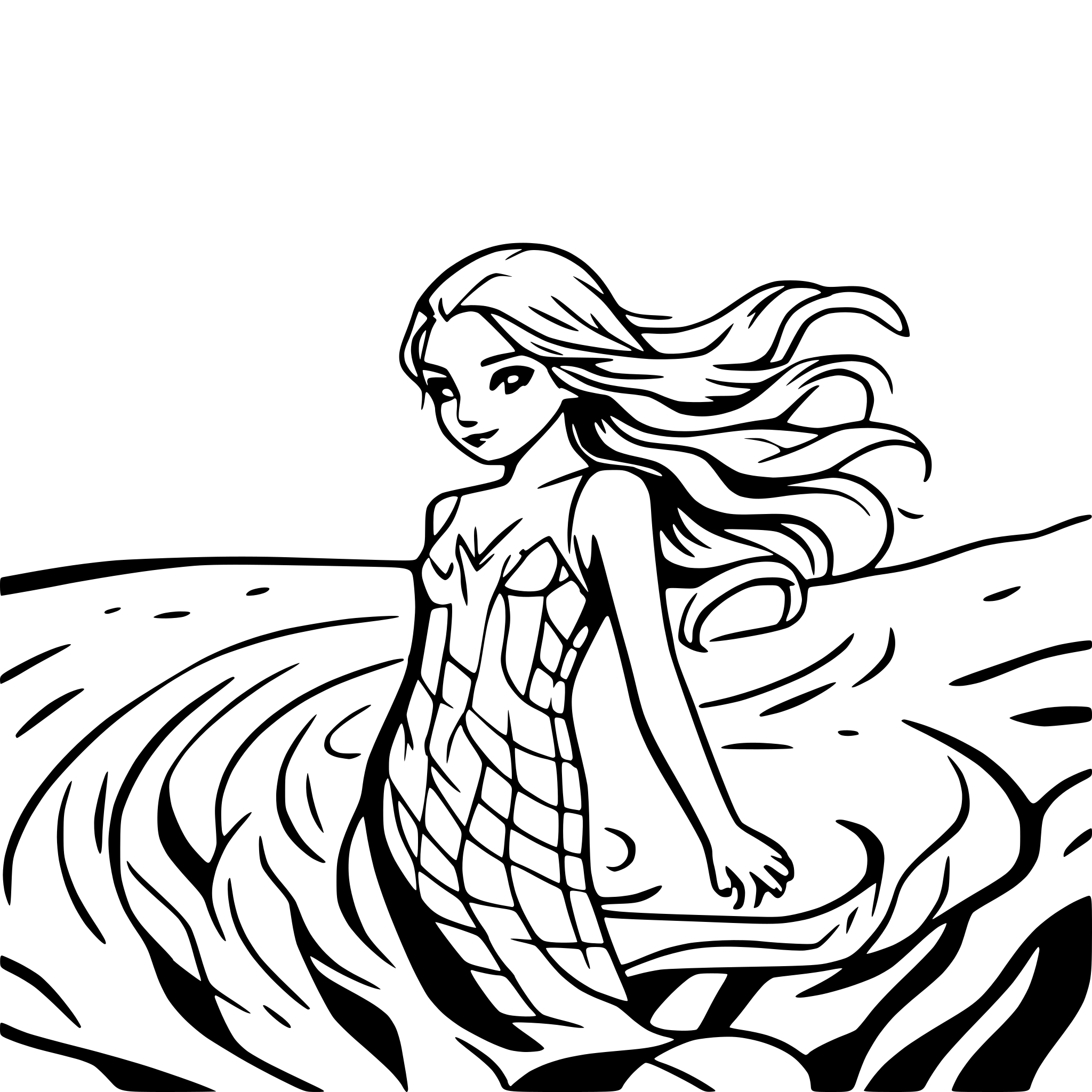 AI-generated SVG of a Mermaid with flowing hair swimming gracefully through the water. No background, only character outlines.