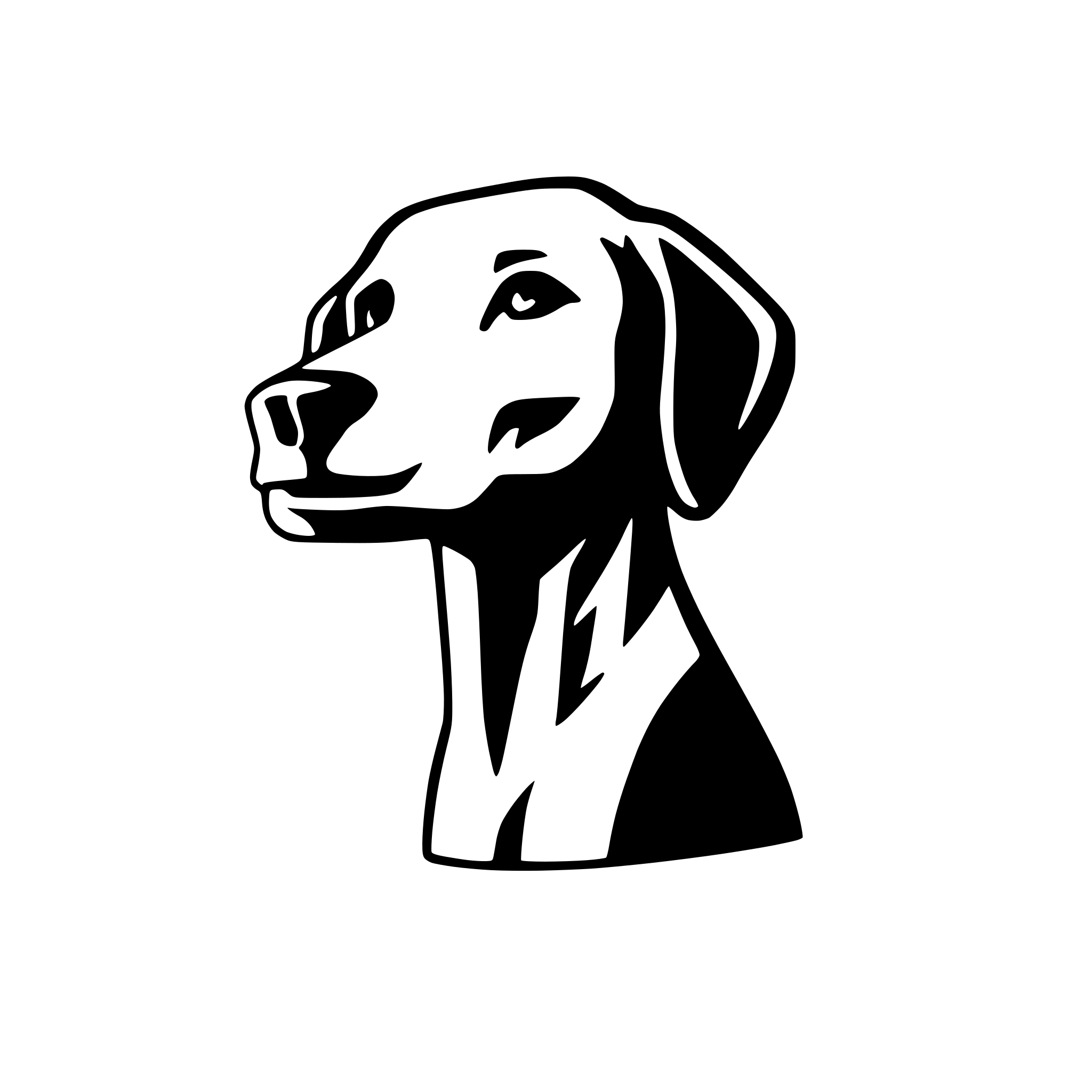 AI-generated SVG of a "Graphic illustration of a Weimaraner dog's head in profile, holding a large bone in its mouth. The style is minimalist vector art, with clean and bold black outlines. Use only solid black and white, no gradients or shadows. The entire design is isolated on a solid white background, perfect for a logo or icon."