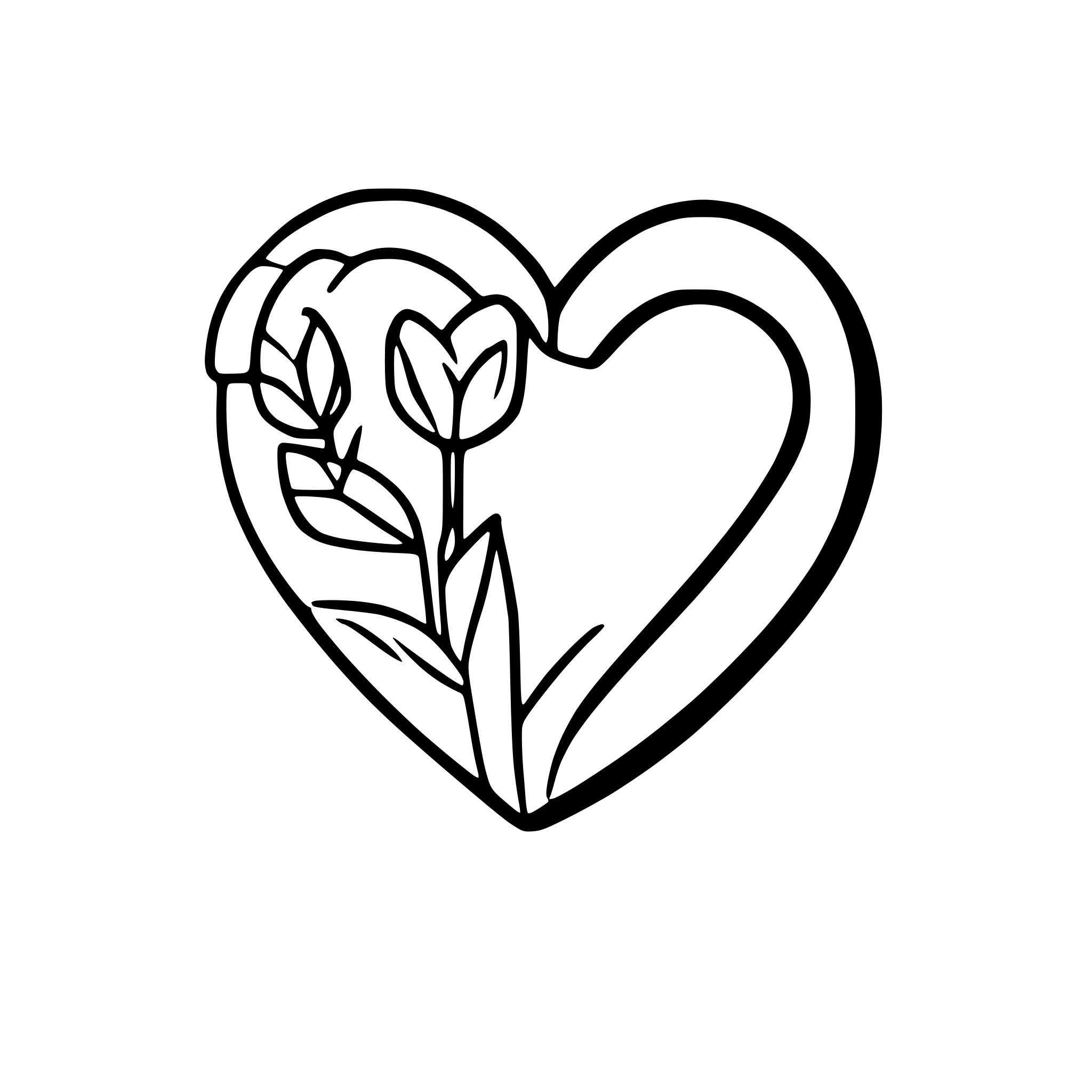 AI-generated SVG of 'cartoon heart outline, flowers, roses, petals, fine lines'