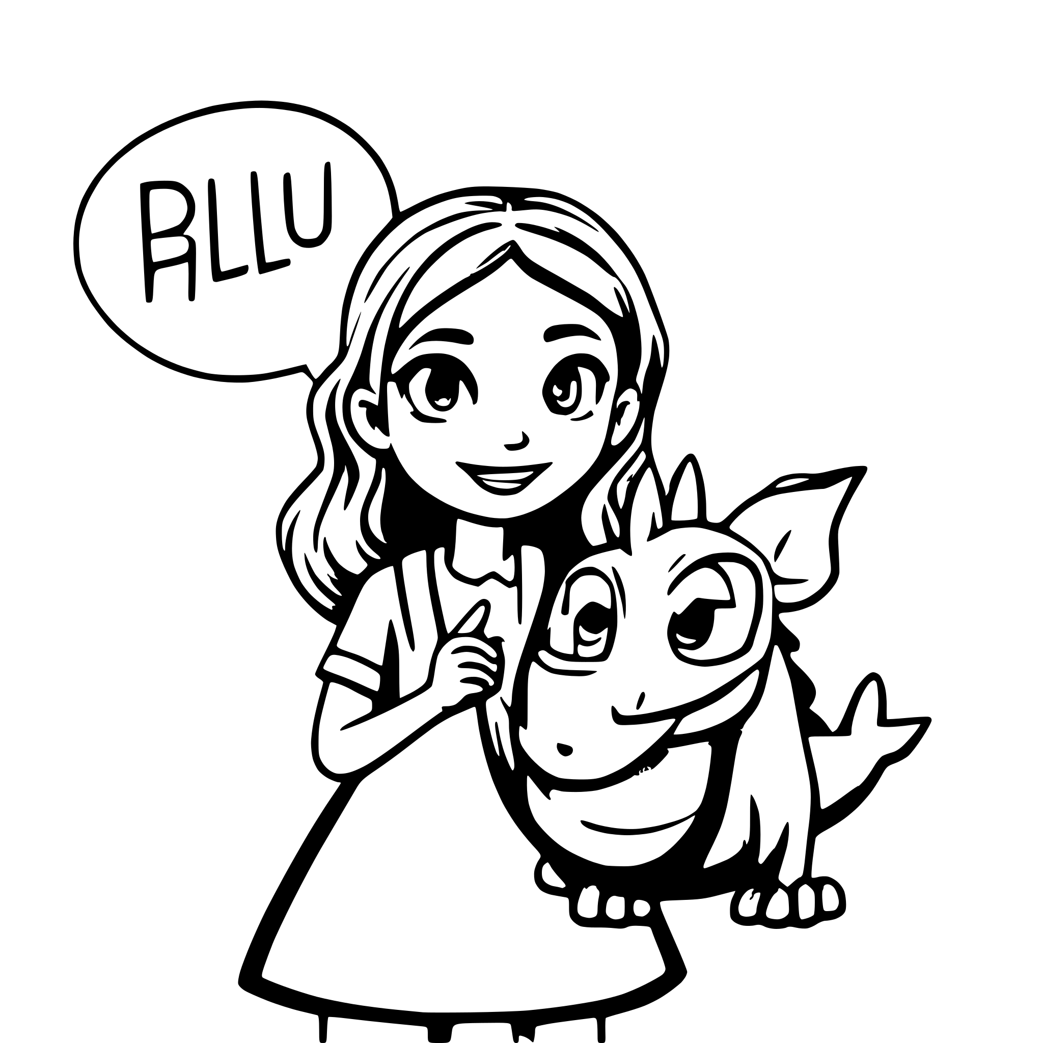 AI-generated SVG of a A little girl hugging a friendly blue dragon with a sign that says AI-generated SVG of a A little girl hugging a friendly blue dragon with a sign that says