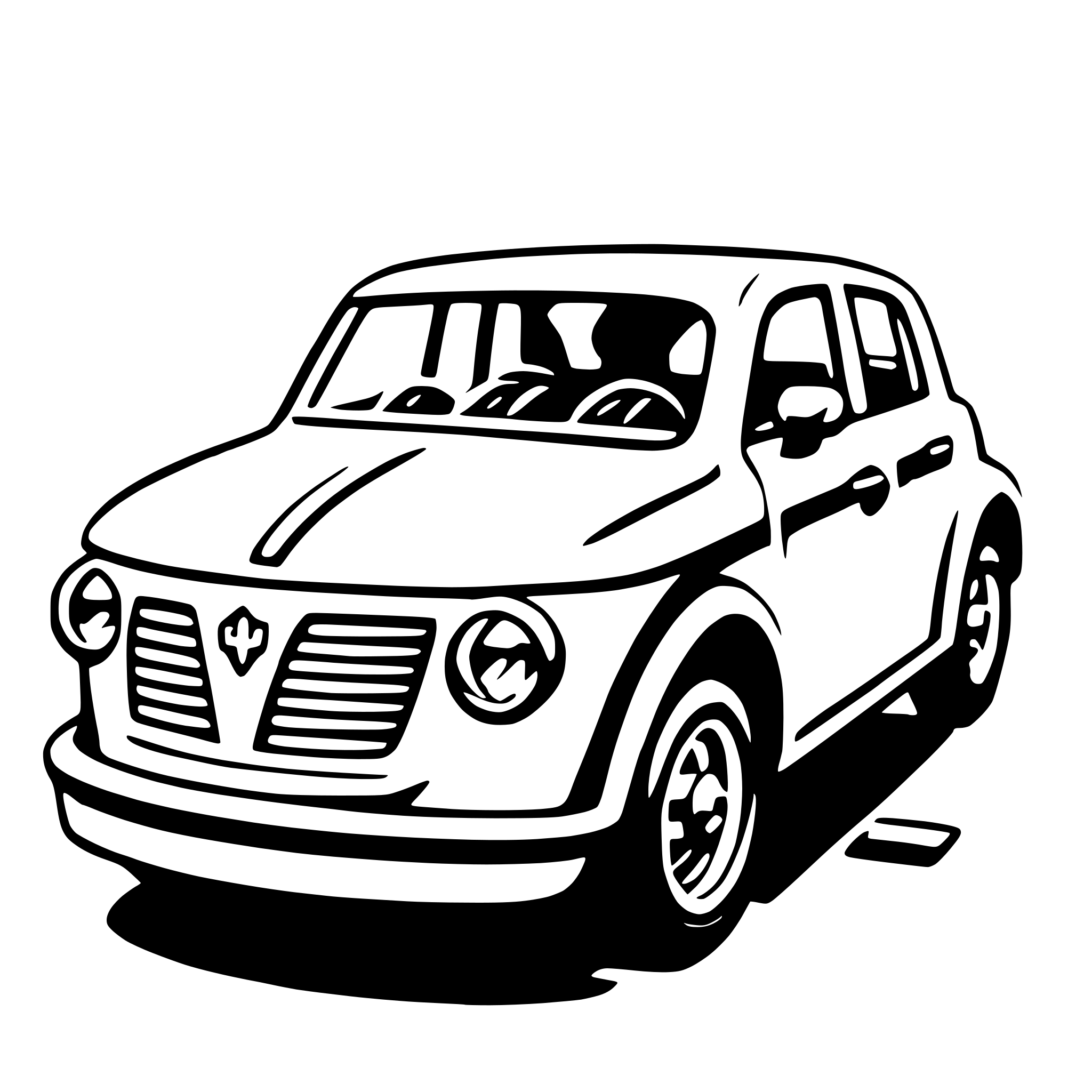 The SVG depicts a stylized, simplified representation of a car. The car is shown from a three-quarter front view, with the front wheel and part of the hood visible. The design is minimalistic, with no intricate details or textures, focusing on the basic shapes and lines to convey the car's form. The car's hood has a distinctive grille design, and the headlights are depicted with a simple, circular shape. The wheels are shown with a thin, curved line to represent the spokes, and the tires are indicated with a solid, circular shape. The car's body is outlined with a thin line, and the windows are represented with a series of straight lines. The overall style is reminiscent of a line drawing or a cartoon-like illustration. 