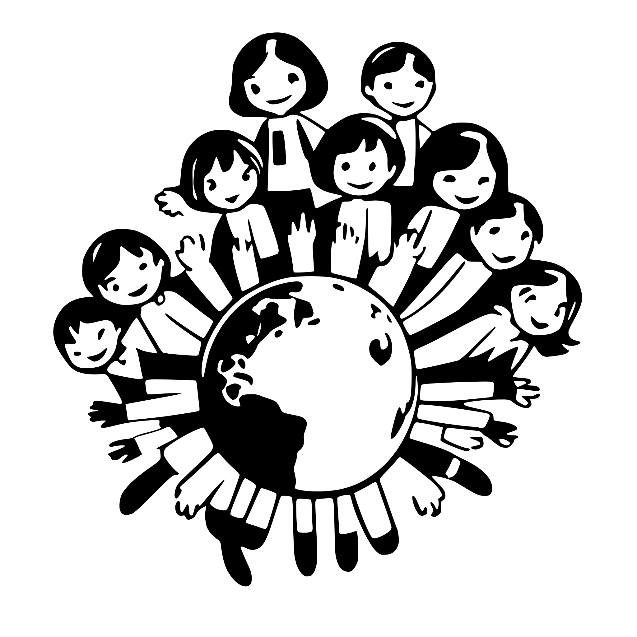 AI-generated SVG of a 10 children holding hands and the world