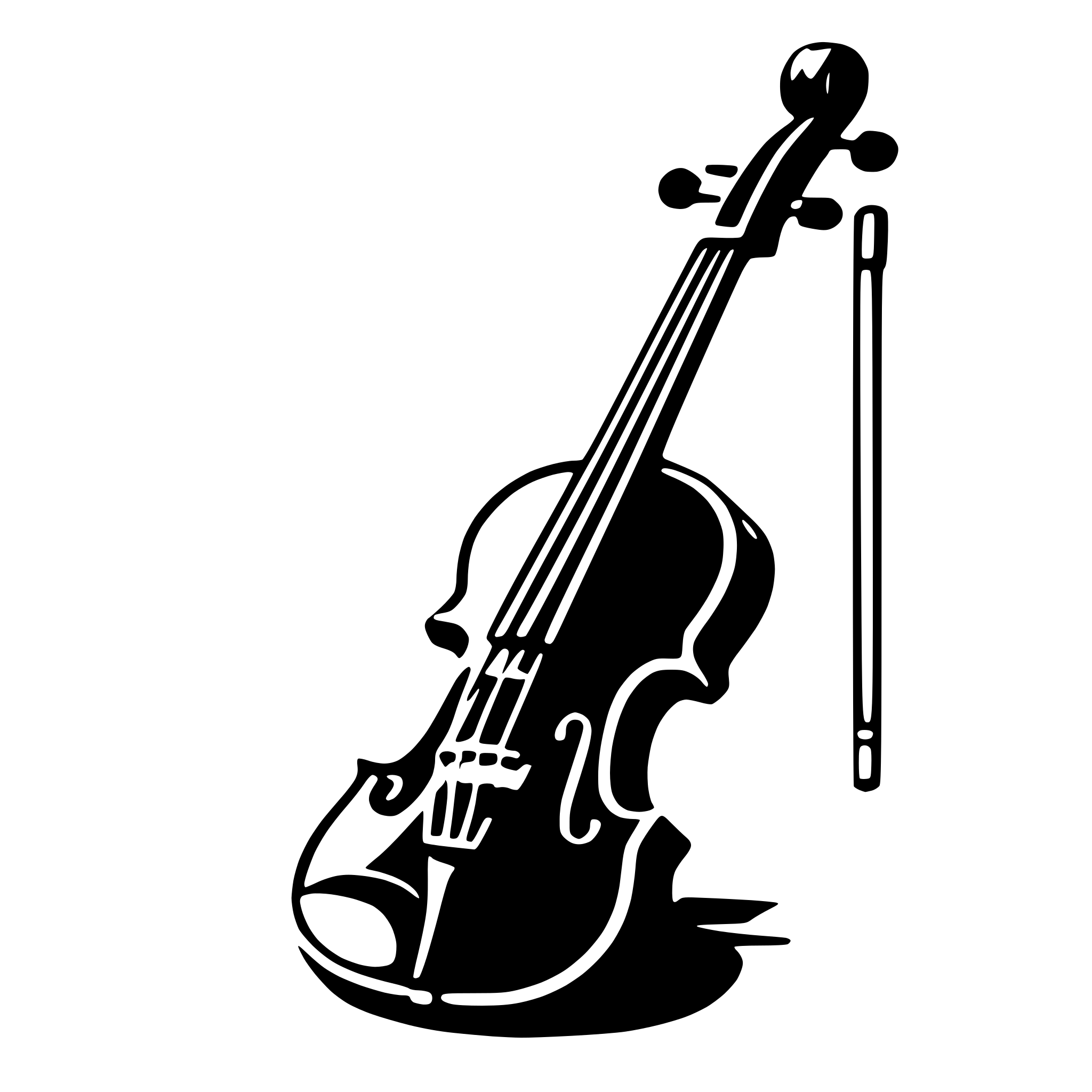 The SVG shows a violin with a bow. The violin is depicted in a simplified, stylized manner with minimal detail, using solid black lines against a white background. The bow is positioned on the strings of the violin, suggesting that it is being played or is ready to be played. The violin is oriented with the body of the instrument facing the viewer and the bow pointing towards the top of the SVG. The SVG does not contain any text or additional objects. The style of the SVG is graphic and minimalistic, focusing on the basic shapes and lines to represent the violin and bow. 