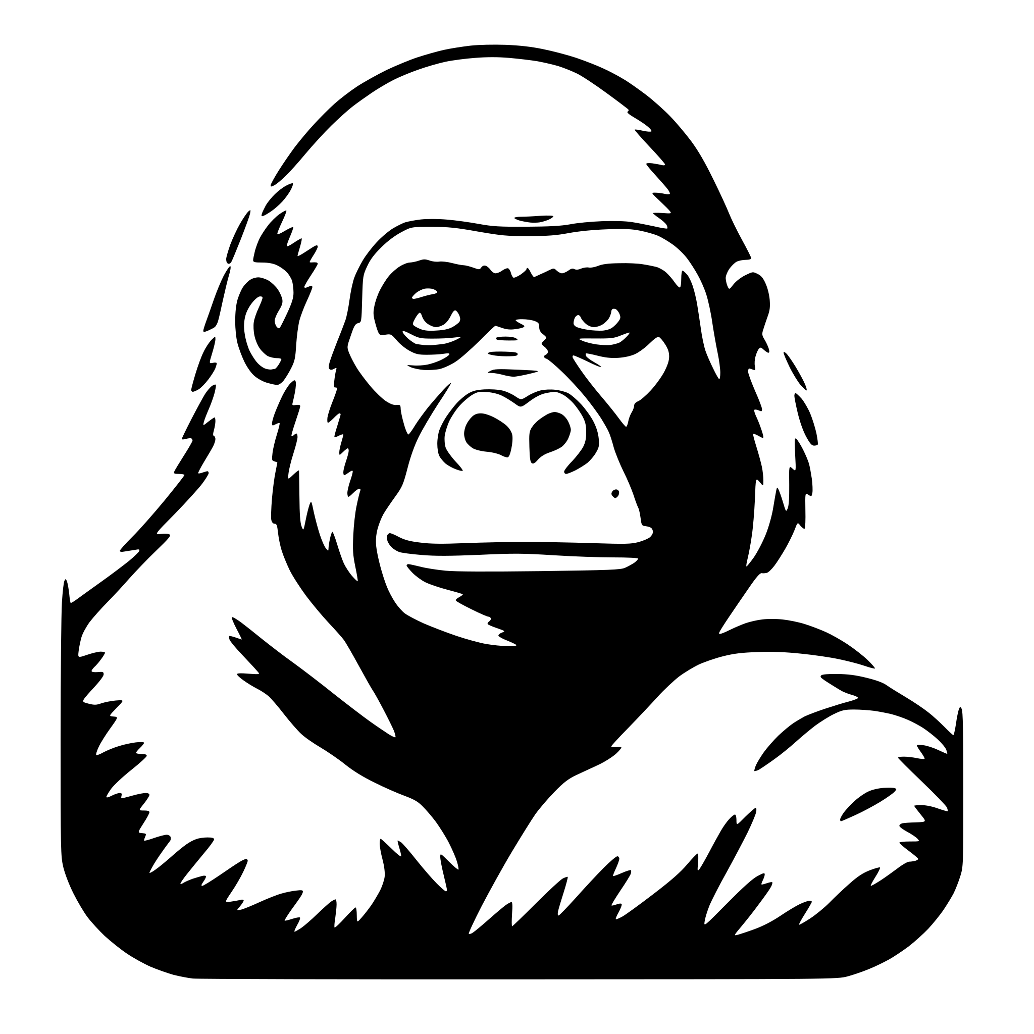 The SVG features a stylized, cartoon-like depiction of a chimpanzee's head and shoulders. The chimpanzee is facing forward, with its eyes looking directly at the viewer. It has a prominent nose and mouth, and its fur is represented by a series of lines and shapes that give the impression of texture. The background is plain and does not interact with the chimpanzee. The SVG is a vector graphic, which means it is composed of lines and shapes that can be scaled without losing quality. 