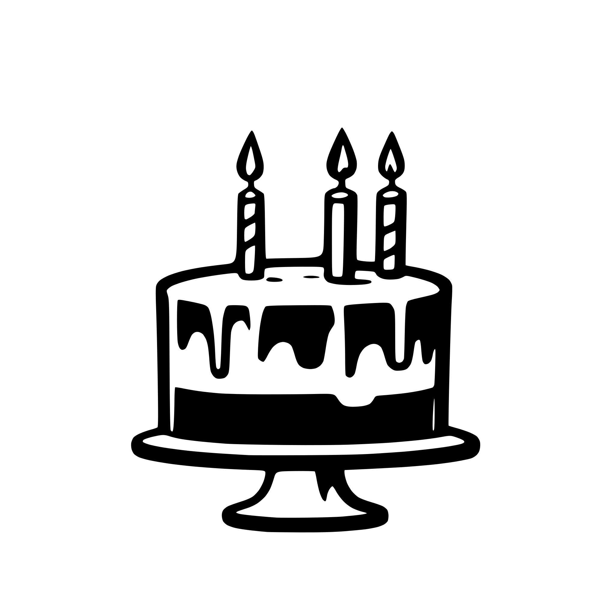 AI-generated SVG of a A black and white vector icon of a birthday cake with three lit candles. The design is minimalistic, with clean, bold outlines and no shading. The cake has two layers, with frosting dripping down the sides. Transparent or white background.