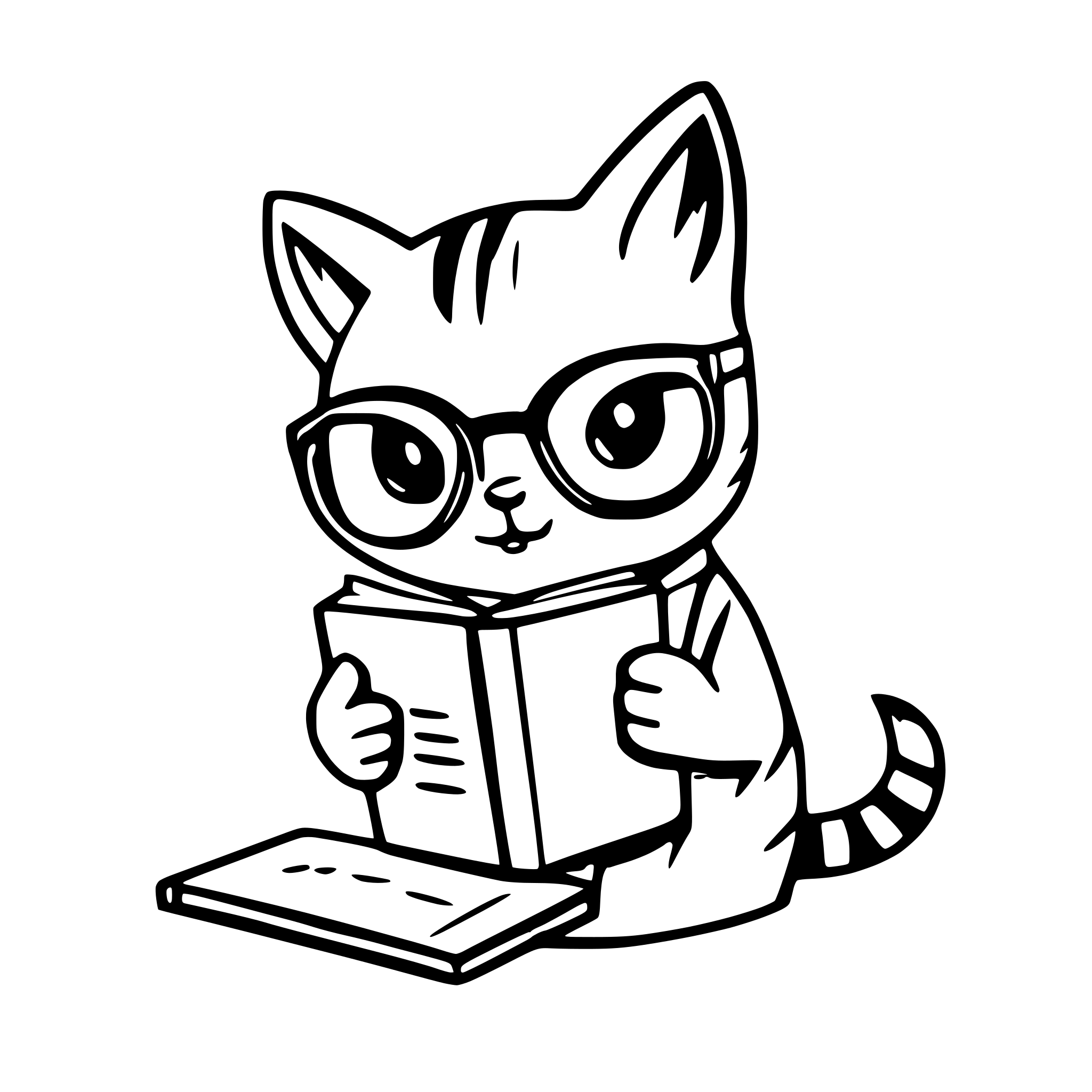 AI-generated SVG of a Orange cat with glasses reading a book