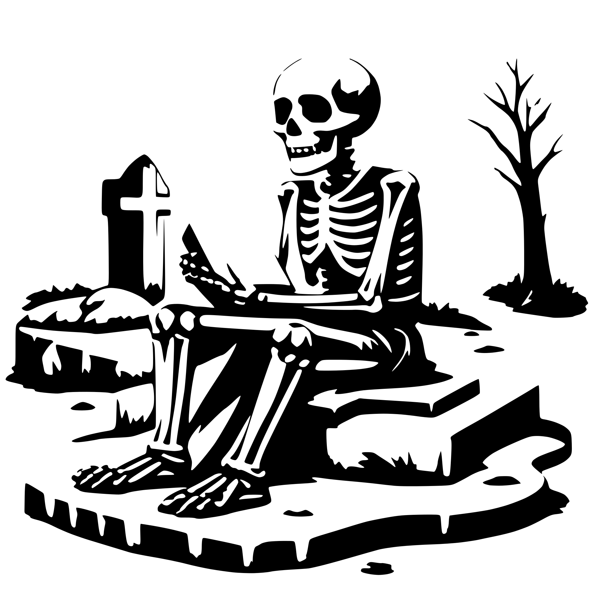 AI-generated SVG of a a skeleton sitting on a christian grave and reading AI-generated SVG of a a skeleton sitting on a christian grave and reading