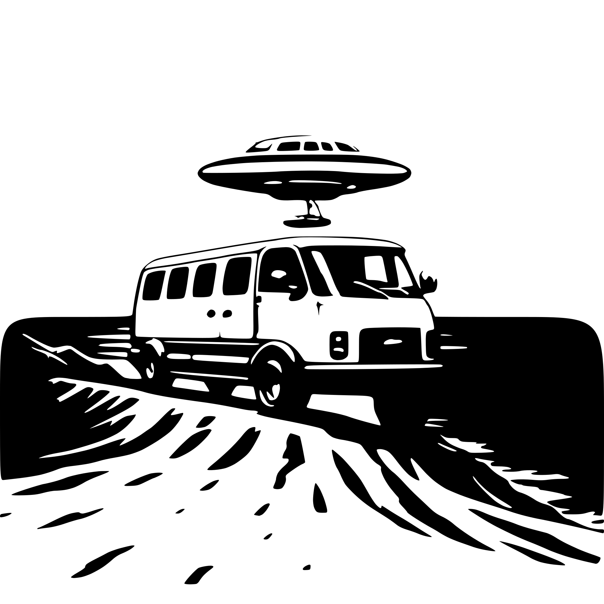 AI-generated SVG of '1997 chevy express passenger van flying off the edge of an ocean bluff, being abducted by a ufo tractor-beam'