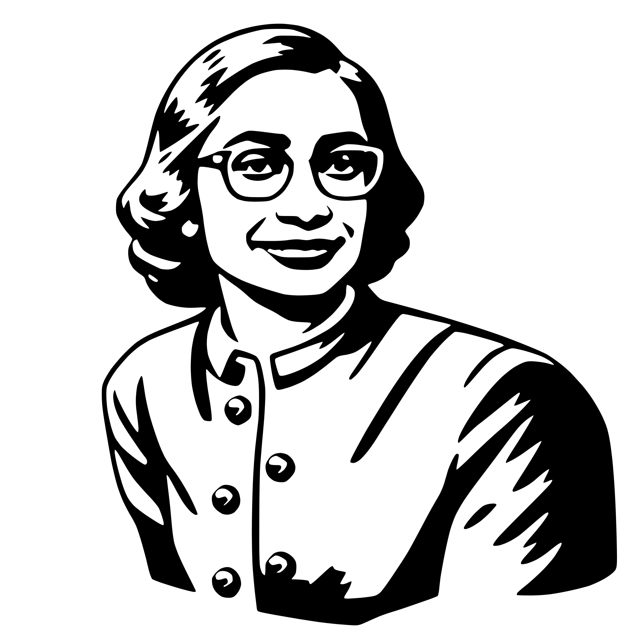 The SVG is a black and white vector illustration of a woman's face. She has short hair, is wearing glasses, and is dressed in a collared shirt with buttons. The woman is smiling and appears to be looking directly at the viewer. The style is simplistic and cartoon-like, with bold outlines and minimal shading. 