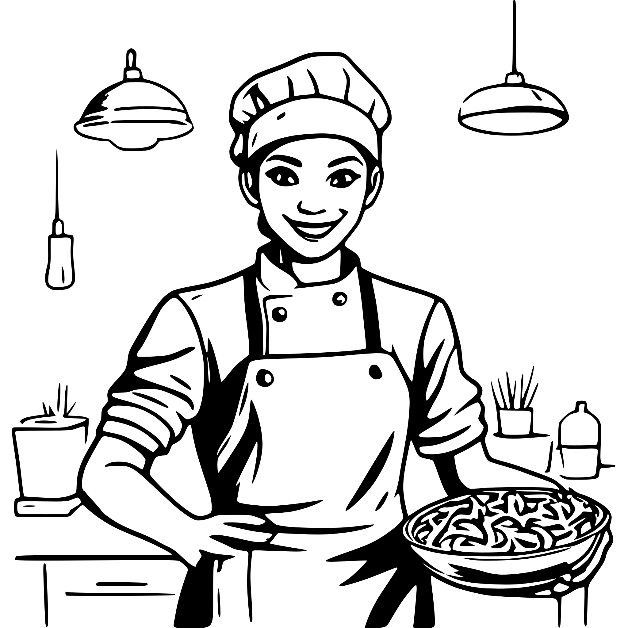 AI-generated SVG of a High quality realistic vector outline drawing of a young smiling chef beckoning a customer with his