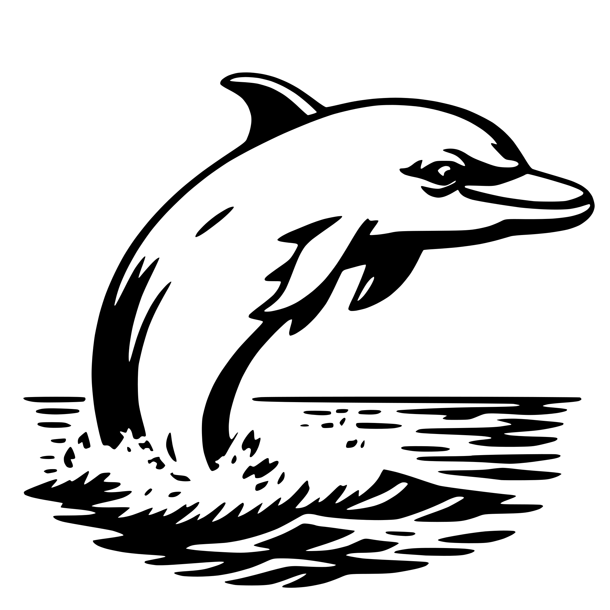 The SVG depicts a stylized black and white illustration of a dolphin leaping out of the water. The dolphin is captured mid-jump, with its body arched and its tail trailing behind it. The water around the dolphin is depicted with a few ripples, suggesting movement. The dolphin's head is turned slightly to the side, and its eyes are focused forward, giving a sense of direction and purpose to the jump. The overall impression is one of dynamic motion and grace. 