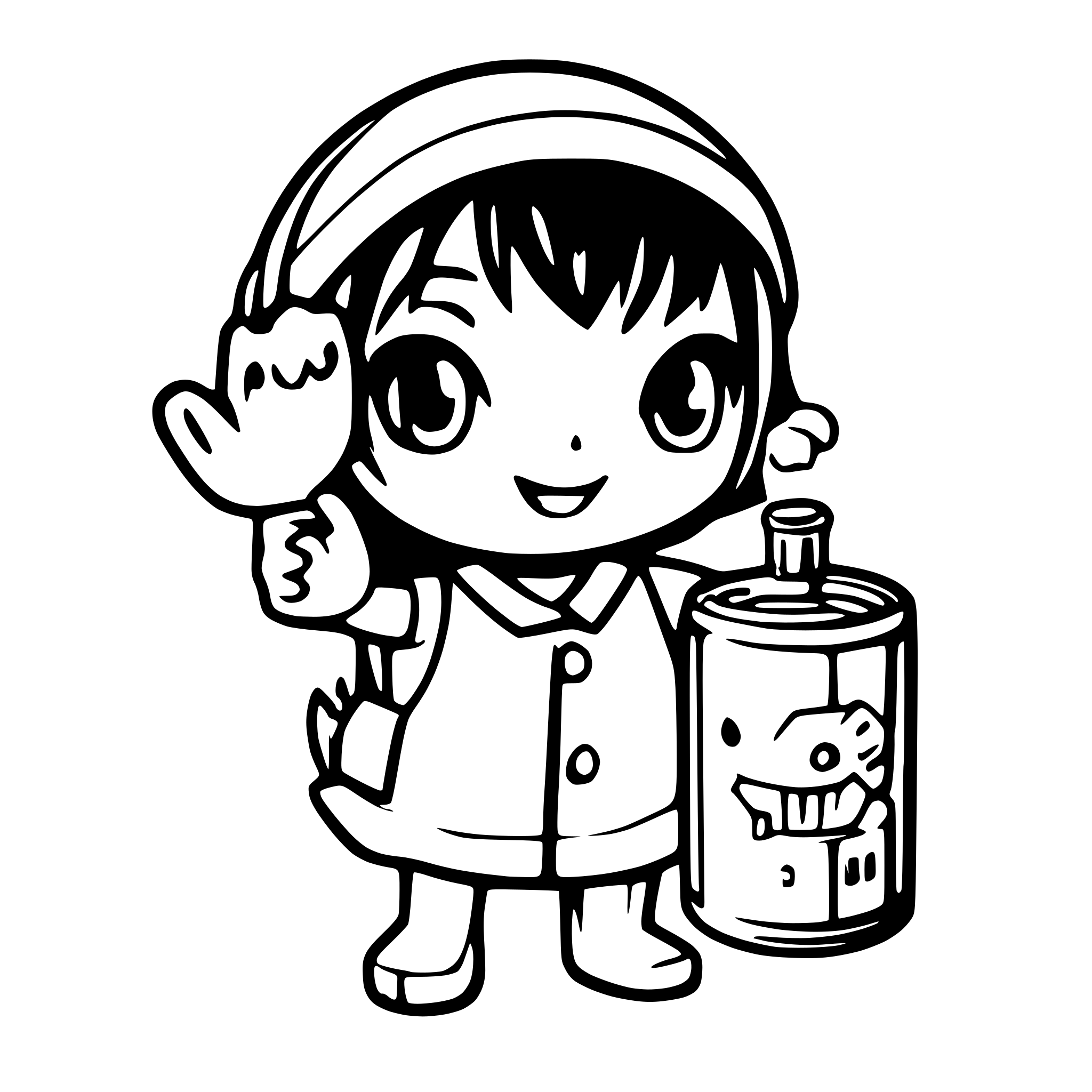 AI-generated SVG of a a kawaii tuna can is offering a bottle of beer with its hands. A bubble says 