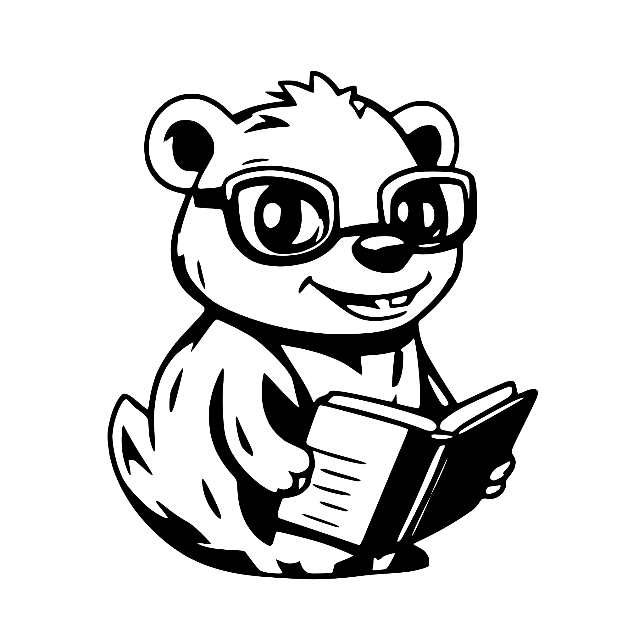 AI-generated SVG of a cartoon beaver with buck teeth reading holding a book with glasses