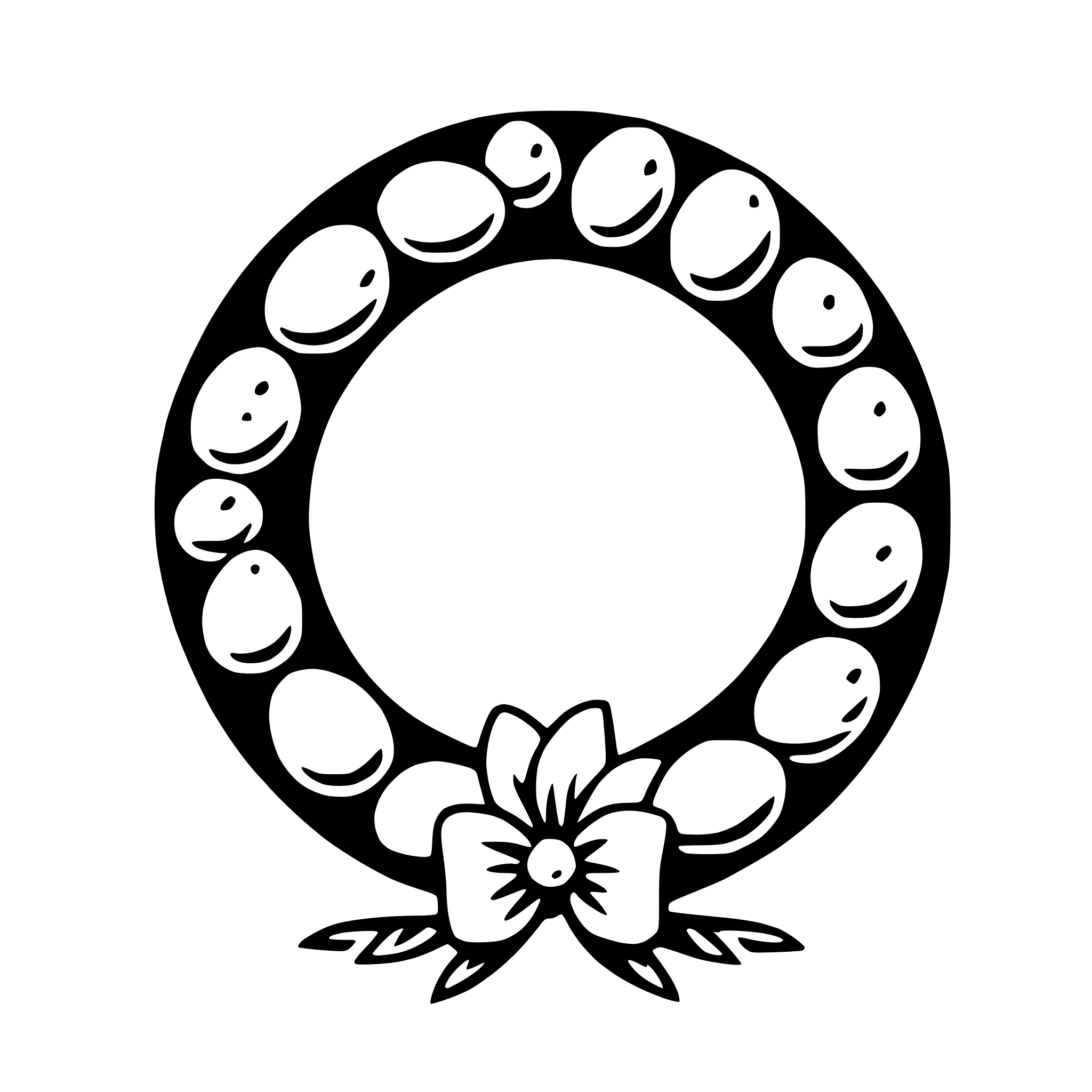 The SVG features a circular wreath with a central hollow. The wreath is composed of a series of concentric circles, each containing a smiling face. At the bottom of the wreath, there is a bow with a small flower attached to it. The bow and flower are positioned symmetrically on either side of the wreath's center. The overall design is simple and symmetrical, with a clear and unambiguous depiction of the objects. 