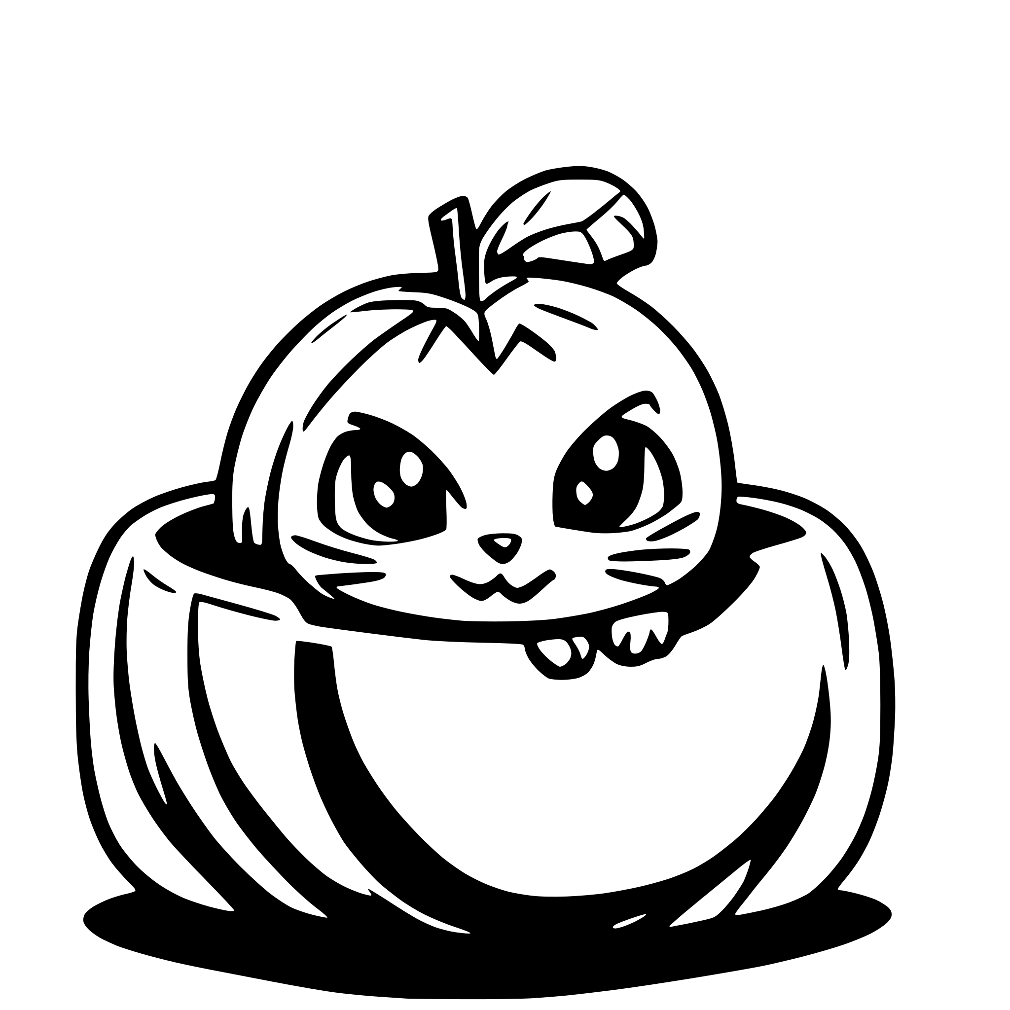 AI-generated SVG of a Create a  image that is a black and white cartoon-style line illustration featuring a cat sitting inside a carved pumpkin. The cat has a round body, large circular eyes, and a distinctive black patch over one eye, giving it a playful and curious expression. Its small ears are perked up, and it appears to be looking around with wide eyes. The cat’s paws rest on the edge of the pumpkin, suggesting it’s either climbing out or just exploring.  The pumpkin is carved like a jack-o’-lantern, with trian