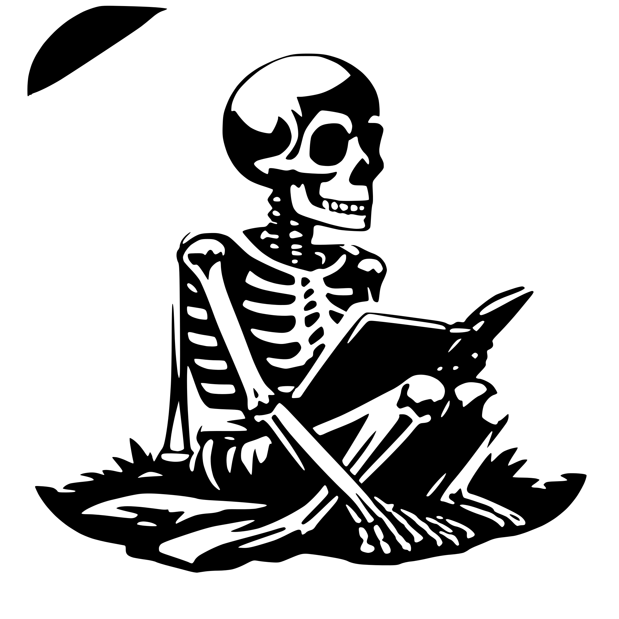 AI-generated SVG of a skeleton reading a book