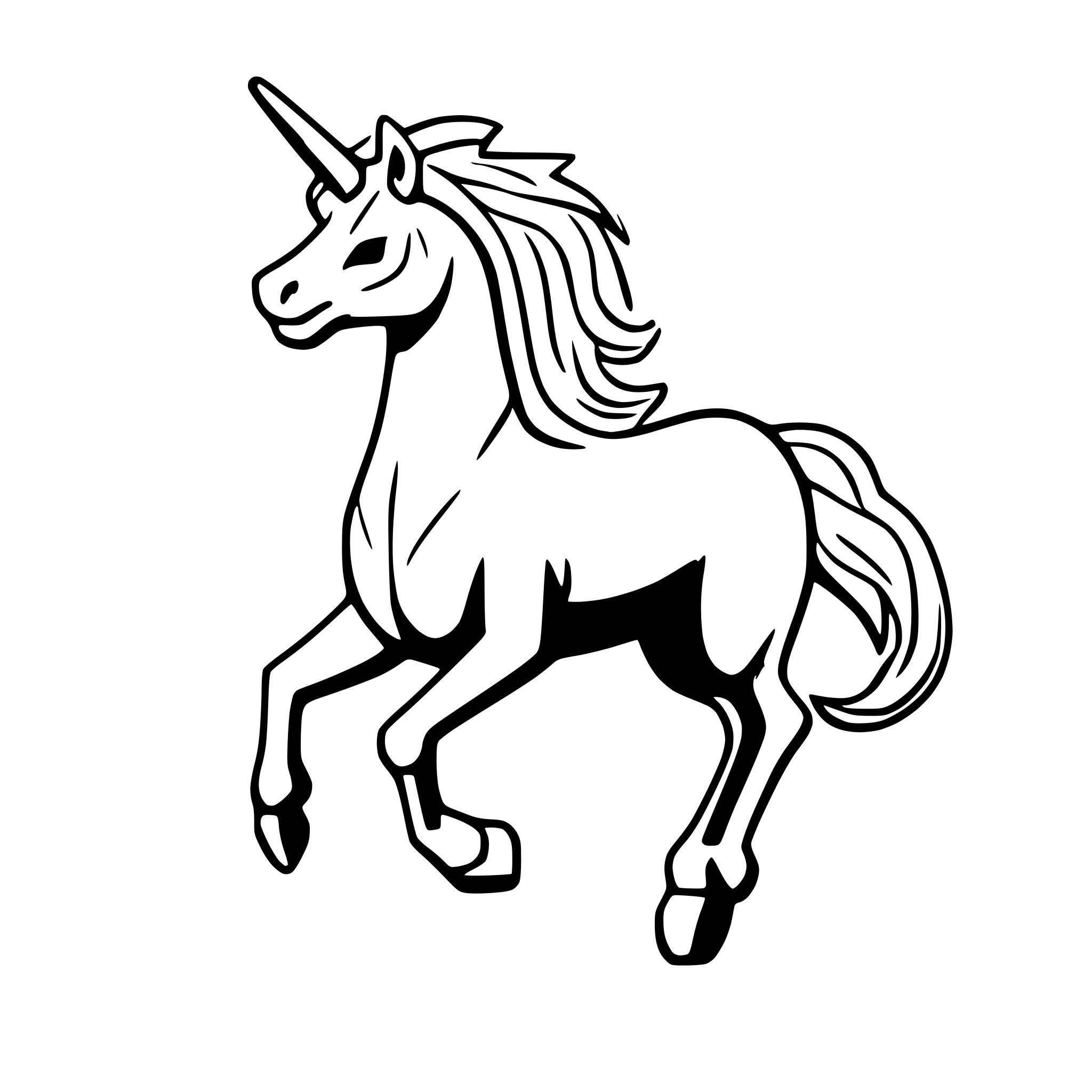 AI-generated SVG of a Use white background; Use smooth shapes, playful and whimsical, cartoon-style; use symbolism over realistic that clearly represents the users request. Use clean and refined lines. LIMIT TO ONLY 2 COLORS! A majestic silver unicorn galloping through a bioluminescent forest, its pearlescent mane trailing stardust. The horn glows with prismatic light, casting rainbows across ancient stone ruins covered in glowing violet moss. Tiny star-shaped fairies ride on its back, laughing as they scatter golden