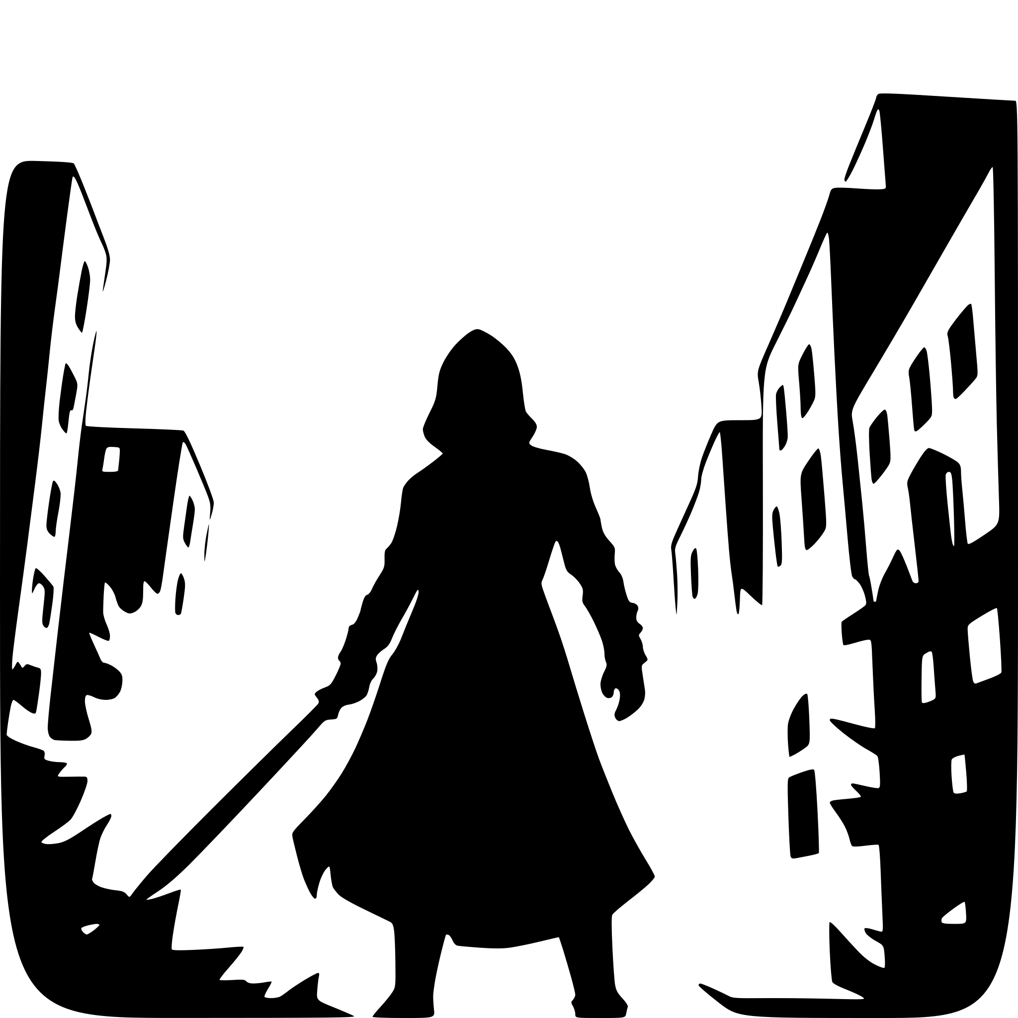 AI-generated SVG of a an avenger wielding a flaming sword robes hood mask in a city