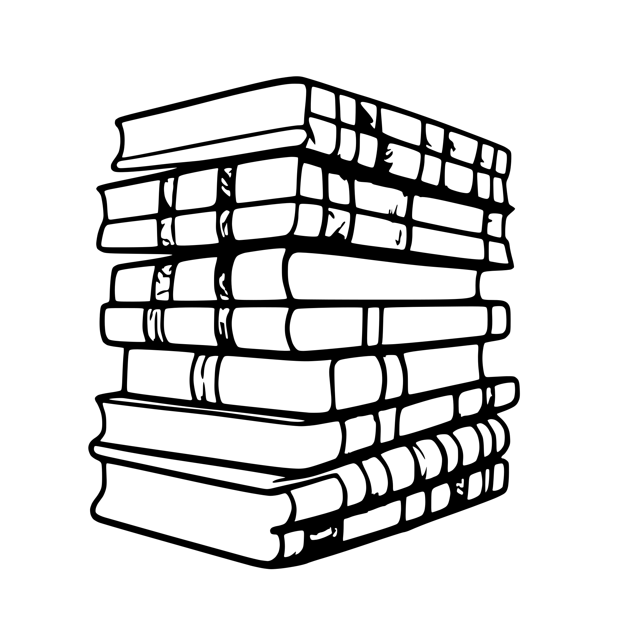 AI-generated SVG of a seven books stacked on top of each other with their spine visible and slightly rotated. the spine must be empty.