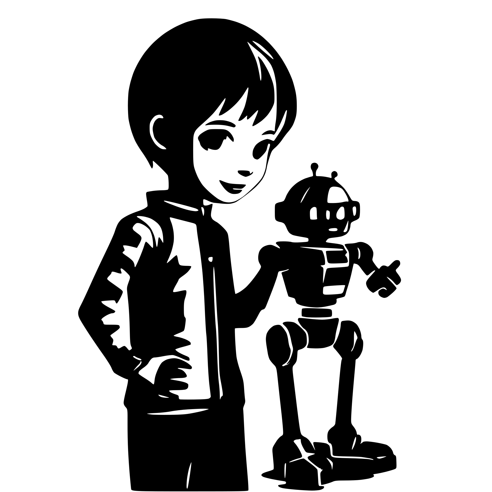 AI-generated SVG of a friendly boy playing with a robot. No background.