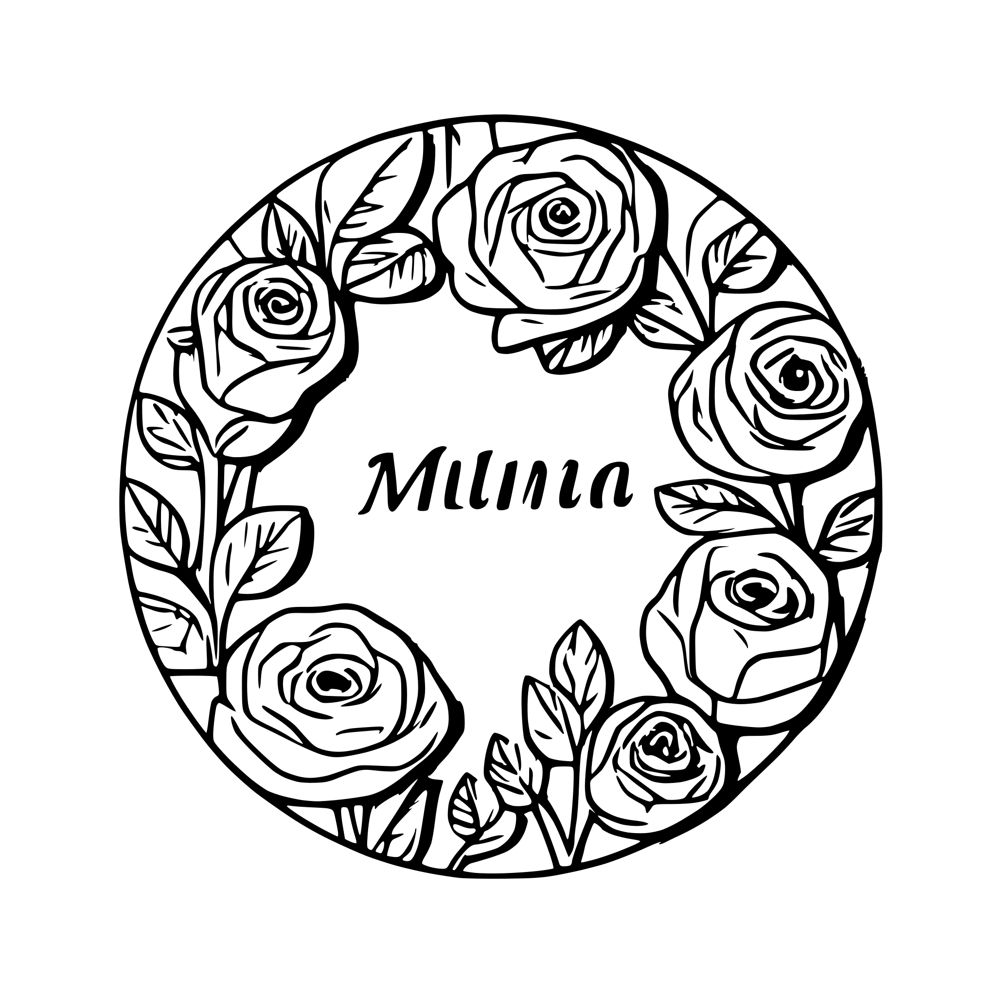 AI-generated SVG of a Text: Milma inside of round ornament of roses