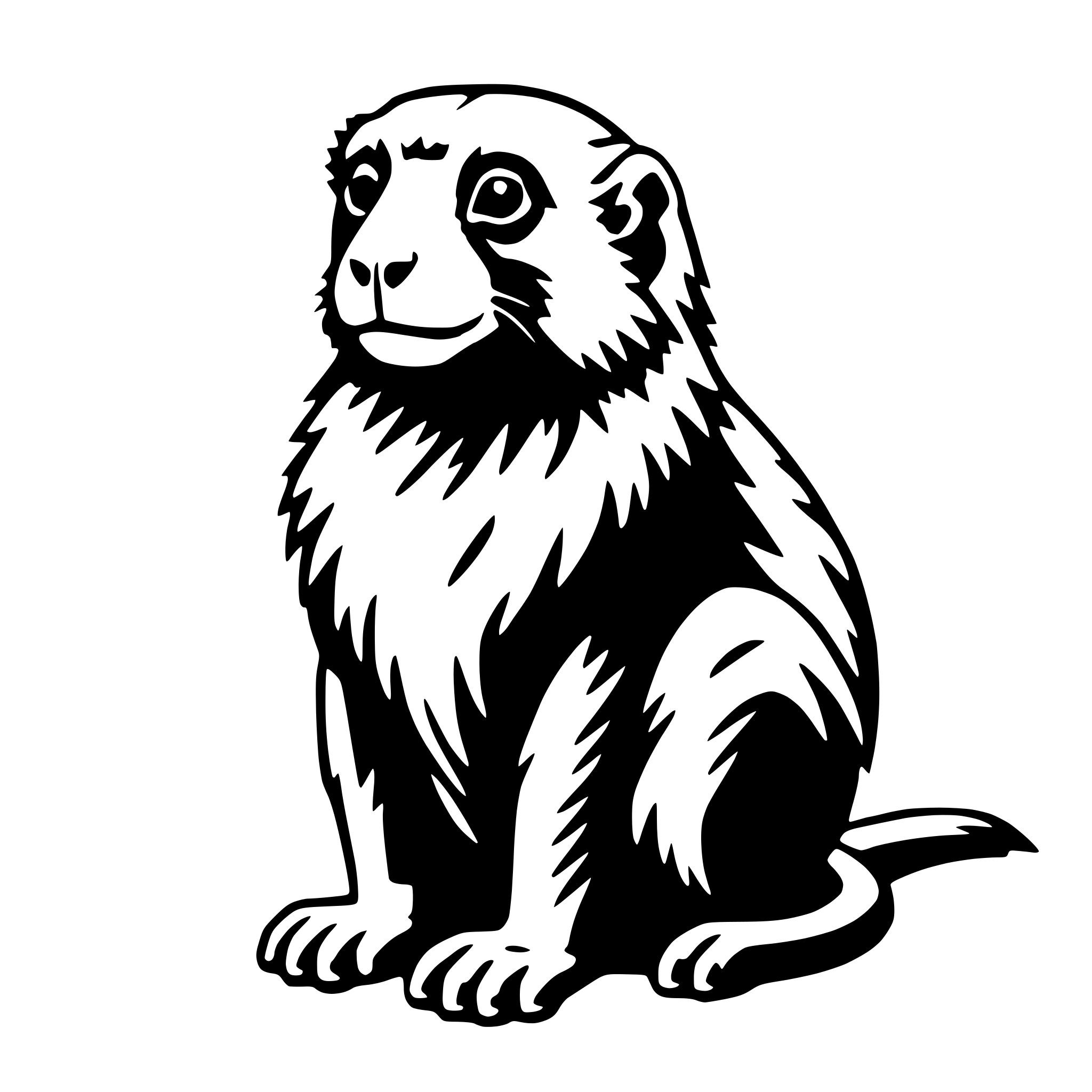 The SVG shows a stylized, cartoon-like depiction of a monkey. The monkey is sitting upright with its front paws extended forward, and its tail is curled around its body. It has a round face with large, round eyes, and a small, triangular nose. The monkey's fur appears to be textured, giving it a somewhat shaggy appearance. The monkey is the central figure in the SVG, and there are no other objects or interactions depicted. 