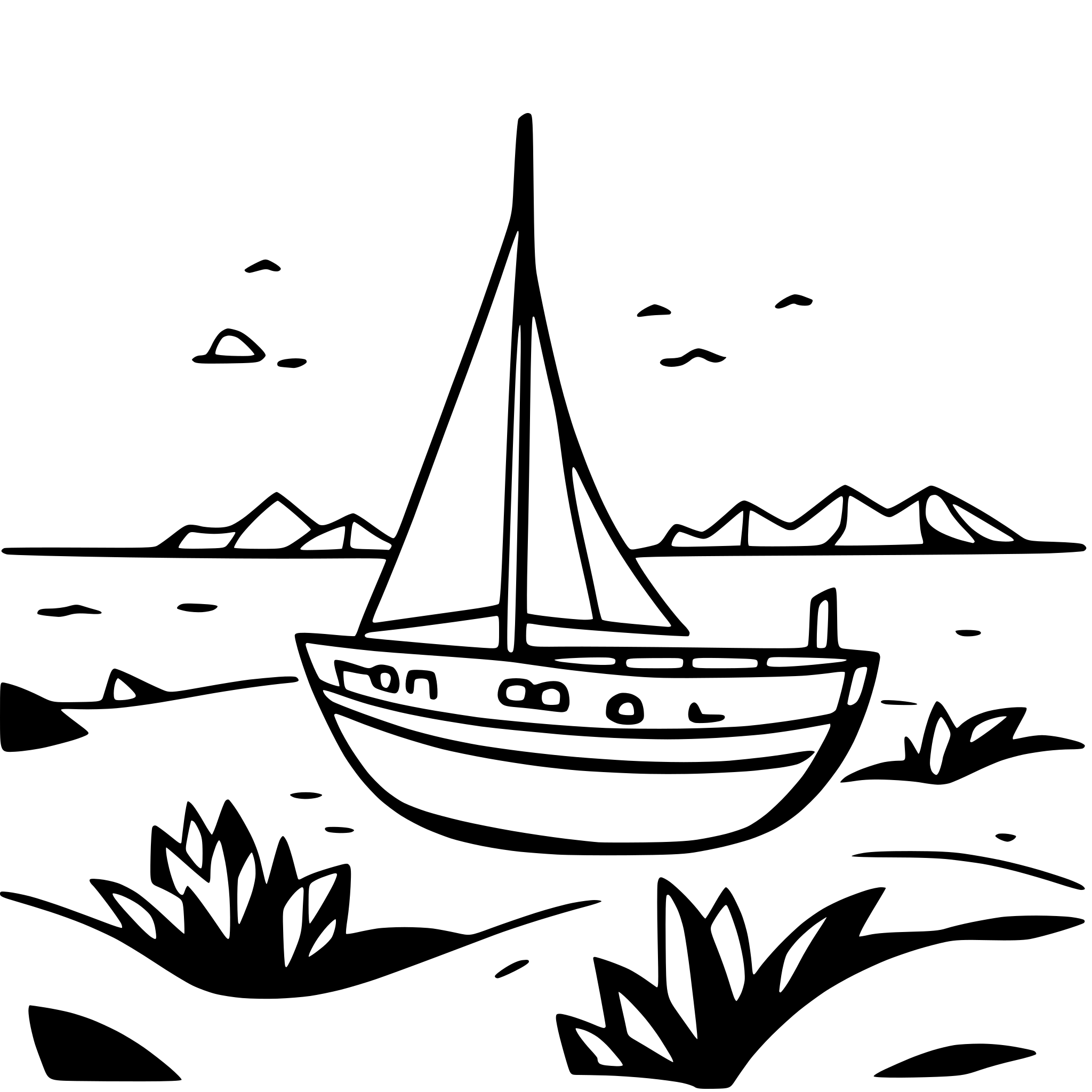 AI-generated SVG of a A sailboat floating on the sea with islands in the background and it is windy. The sailboat is moving from left to right. Simple line art.