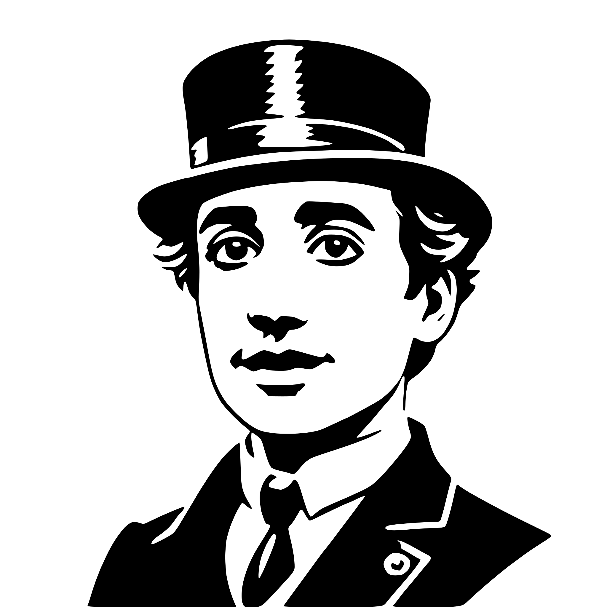 The SVG is a black and white vector illustration of a man wearing a top hat and a suit with a tie. The man is depicted with a neutral expression, looking directly at the viewer. The top hat is positioned slightly to the left of the man's head, and the suit has a visible lapel. The tie is knotted and hangs down the front of the suit. The man's hair is styled in a side parting, and his facial features are clearly defined. The SVG does not contain any text or additional objects. The style of the illustration is simple and graphic, with clean lines and a lack of shading or texture, which is typical for vector graphics. 