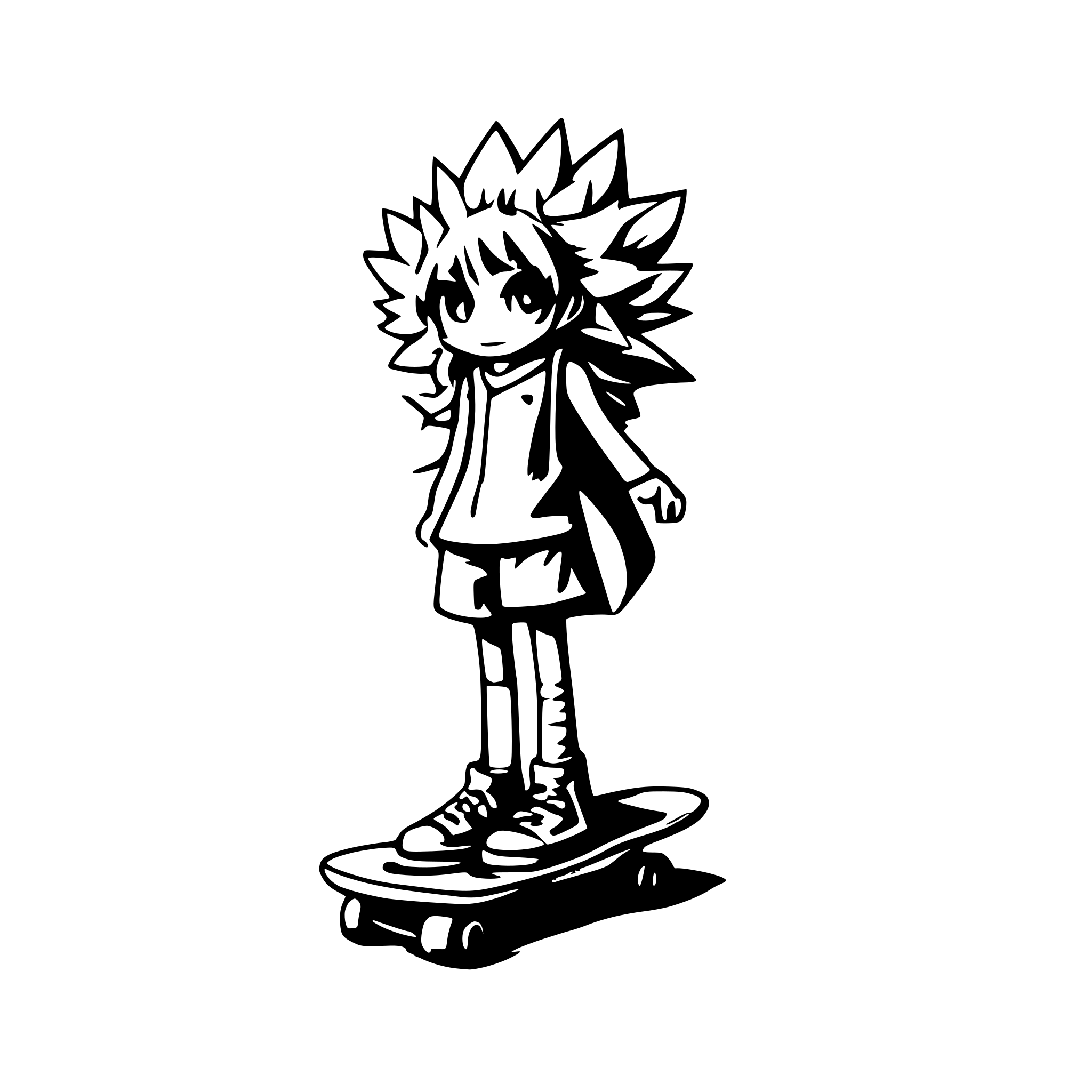 AI-generated SVG of a a tall sunflower character with his converse sneakers riding a skate board