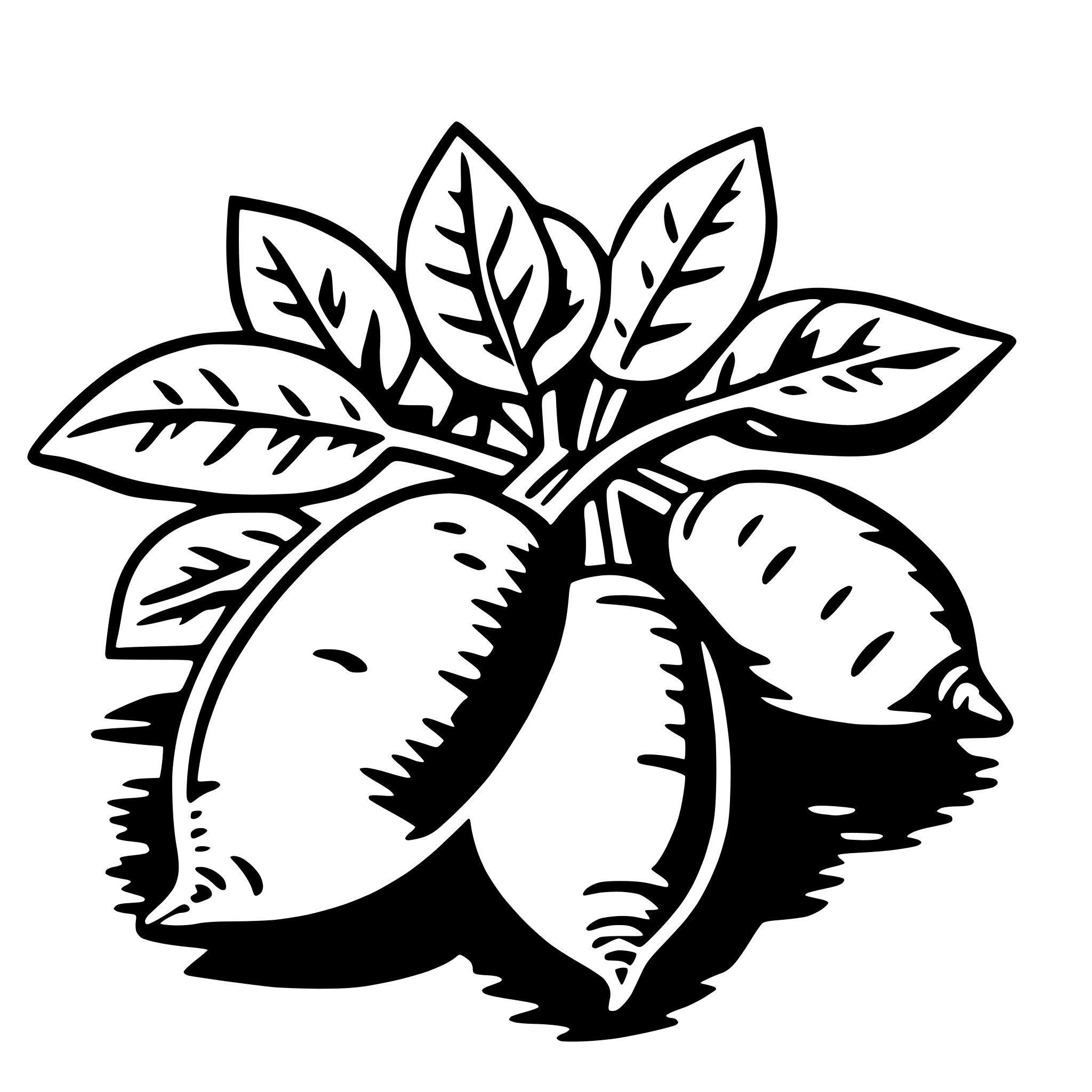 The SVG depicts a stylized illustration of a plant with broad leaves and a cluster of what appears to be carrots or similar root vegetables. The plant is centered and the leaves are arranged in a symmetrical pattern around the stem. The carrots are shown in a realistic manner, with their tapered ends and elongated bodies, and they are partially shaded to suggest depth and dimension. The overall style is simple and graphic, with clean lines and a limited color palette. 