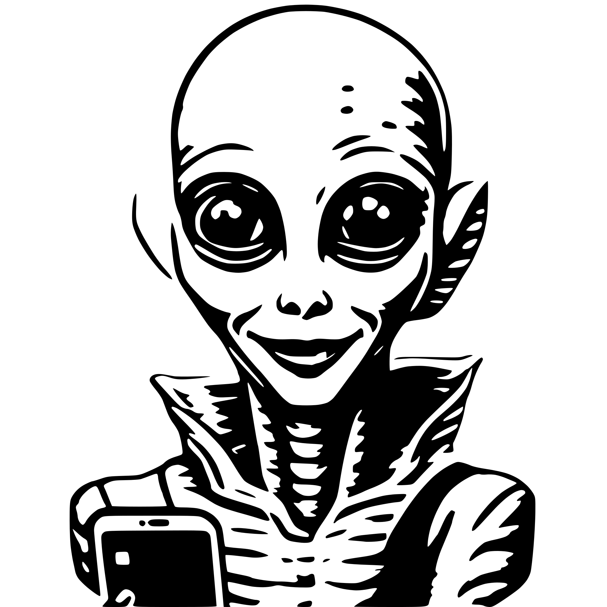 AI-generated SVG of a friendly alien with smartphone