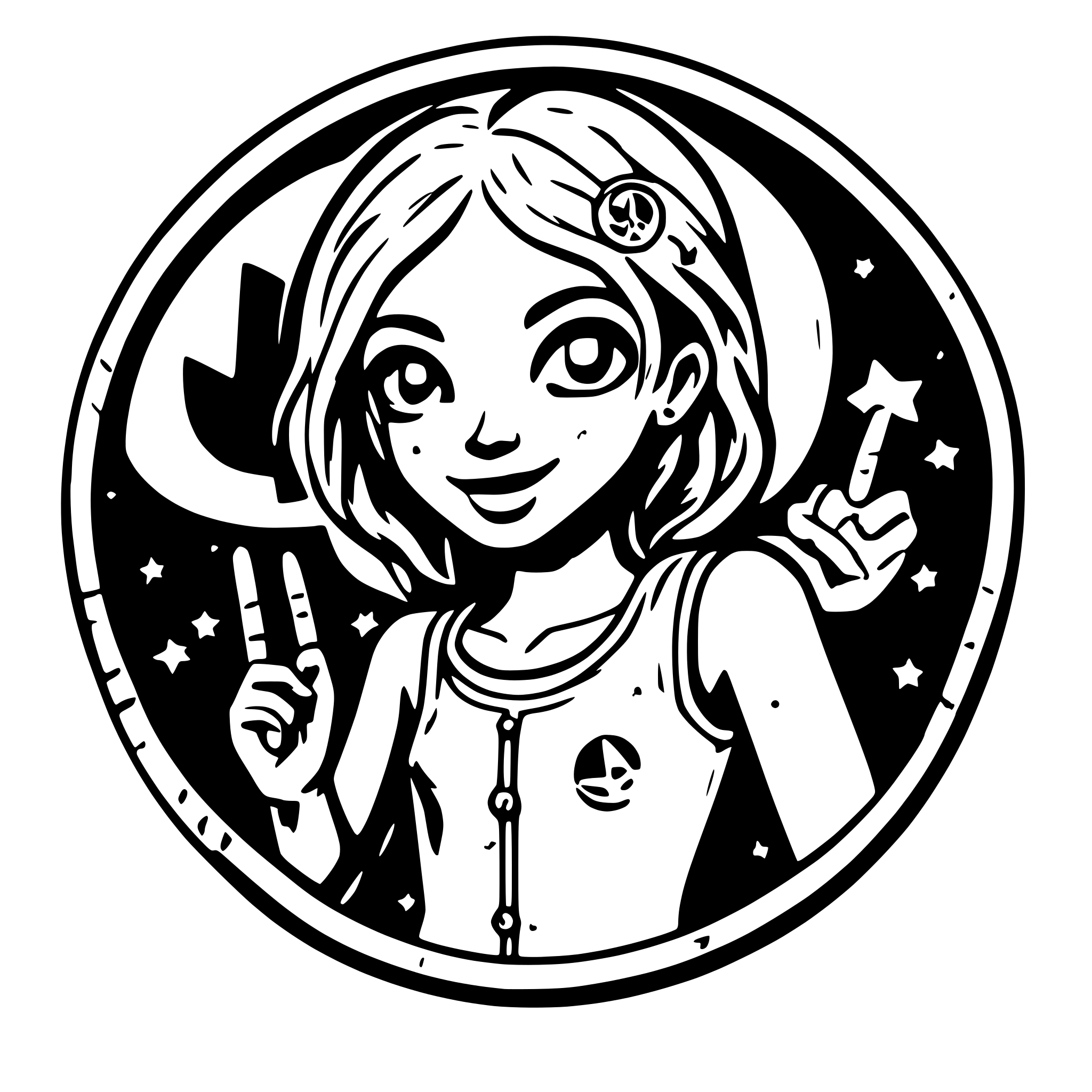 AI-generated SVG of a Cute smiling zombie girl encircled in a coin with stars and moon in the background. Wearing a tank top and showing peace sign with her hand. you can see her from head to knees