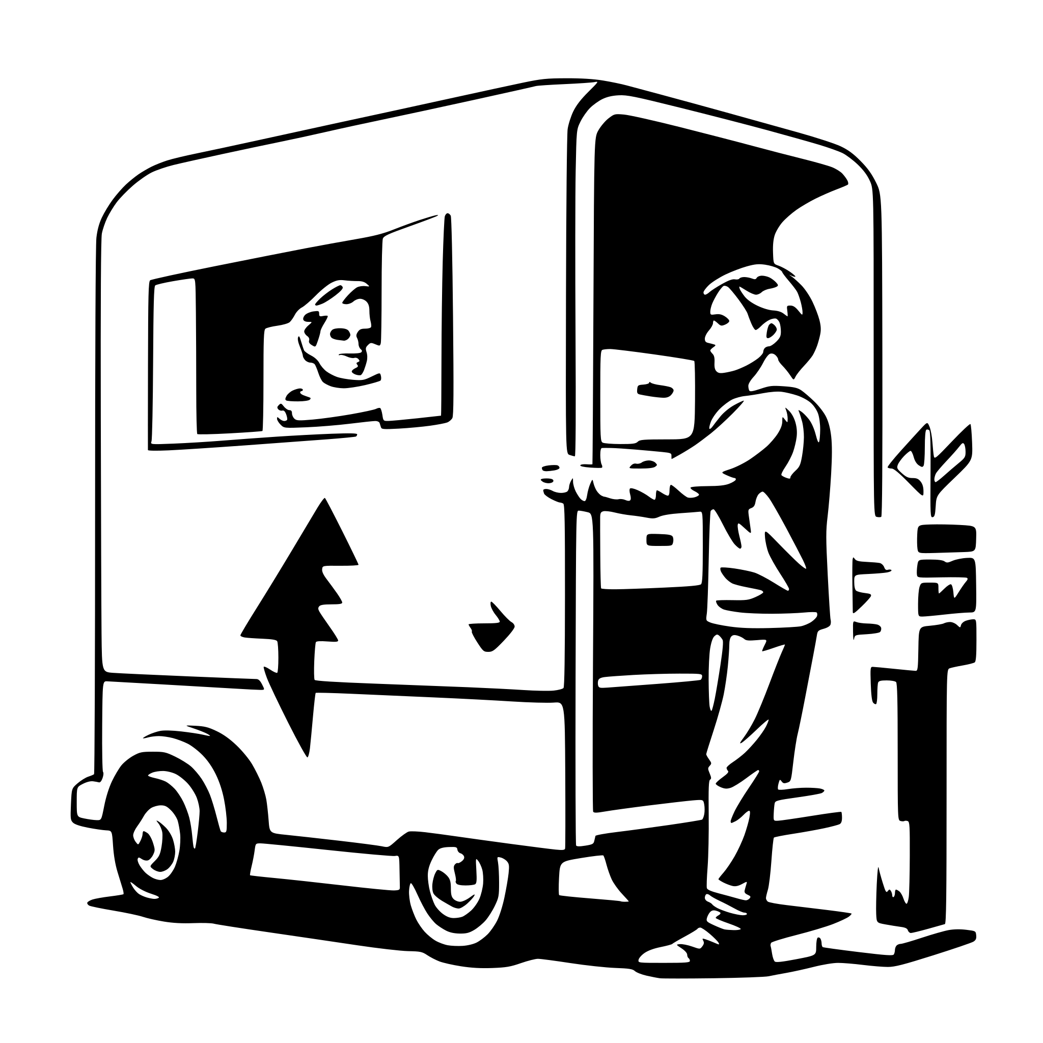 AI-generated SVG of a A man loading a box in a van and an arrow showing the box goes in the van