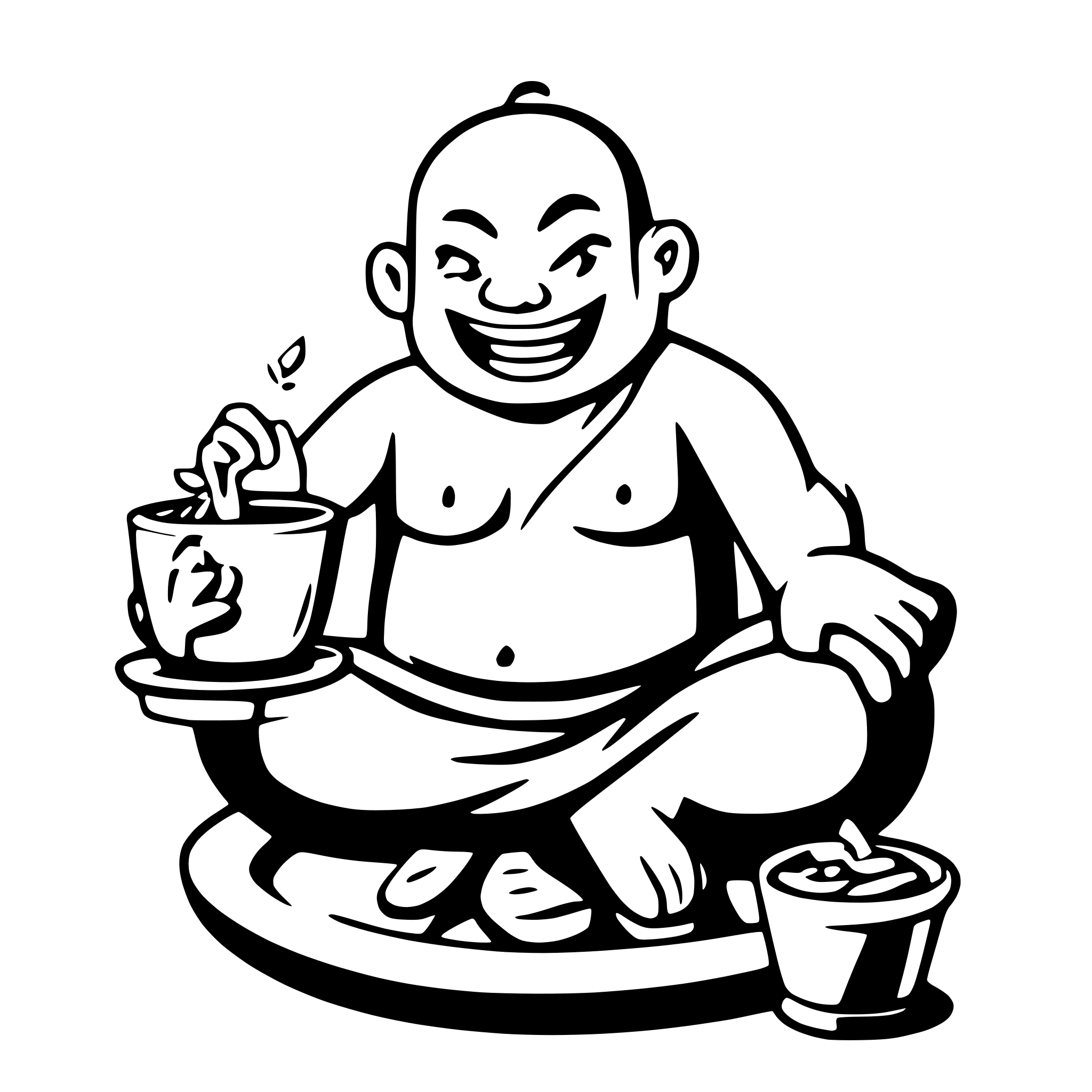 AI-generated SVG of a Generate a happy laughing Buda sitting there and presenting his big belly. in front of him is a pot and a plate with leftovers