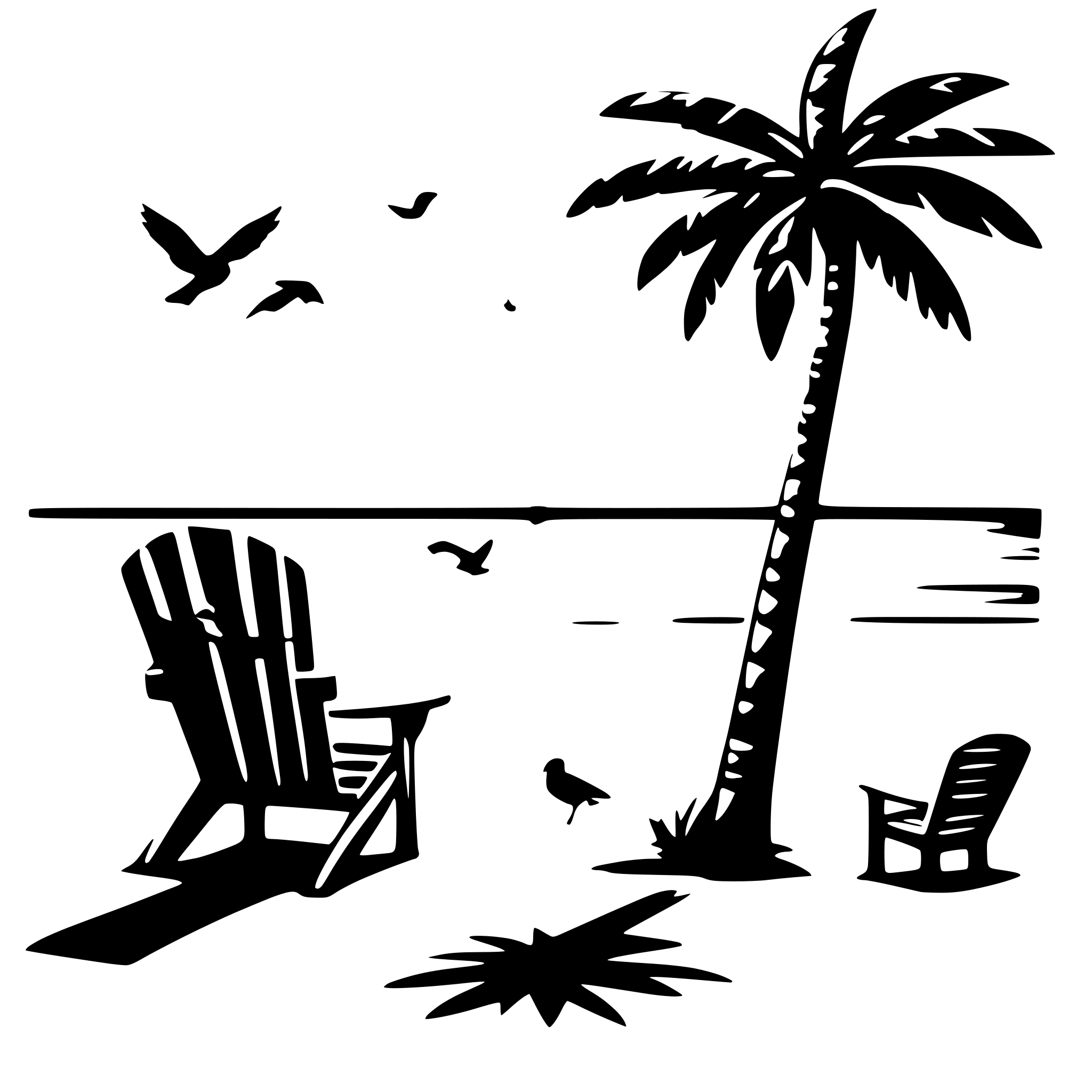 AI-generated SVG of 'palm trees on the beach with adirondack chairs and birds flying in front of the sunset'