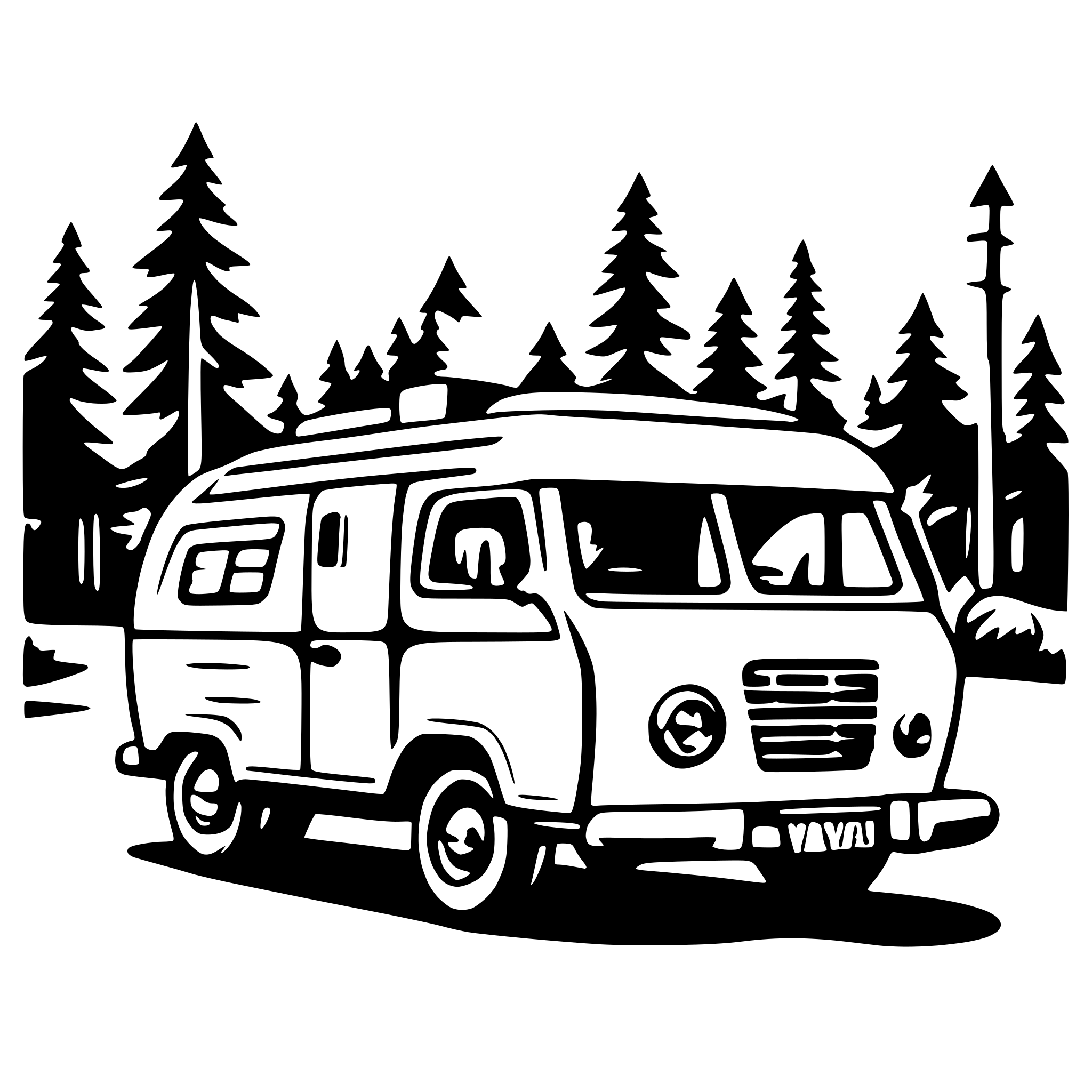 AI-generated SVG of a A cute, simple line art illustration of a camper van pulling into a campground. AI-generated SVG of a A cute, simple line art illustration of a camper van pulling into a campground.