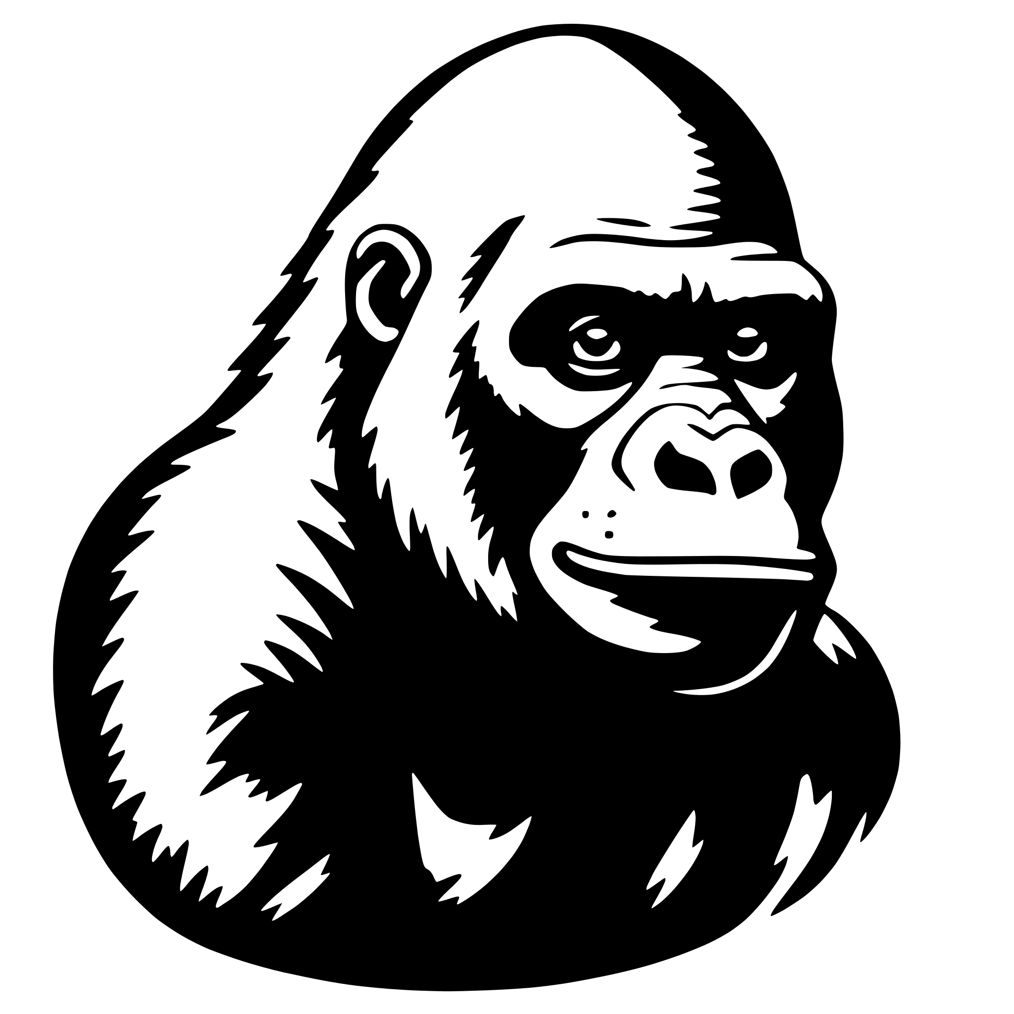 The SVG depicts a stylized, cartoon-like representation of a chimpanzee's head and upper torso. The chimpanzee is facing forward, with its eyes looking directly at the viewer. It has a prominent nose, a wide mouth with visible teeth, and a furrowed brow. The fur appears to be textured, suggesting a sense of depth and dimension. The SVG is simple and does not contain any additional objects or interactions. 