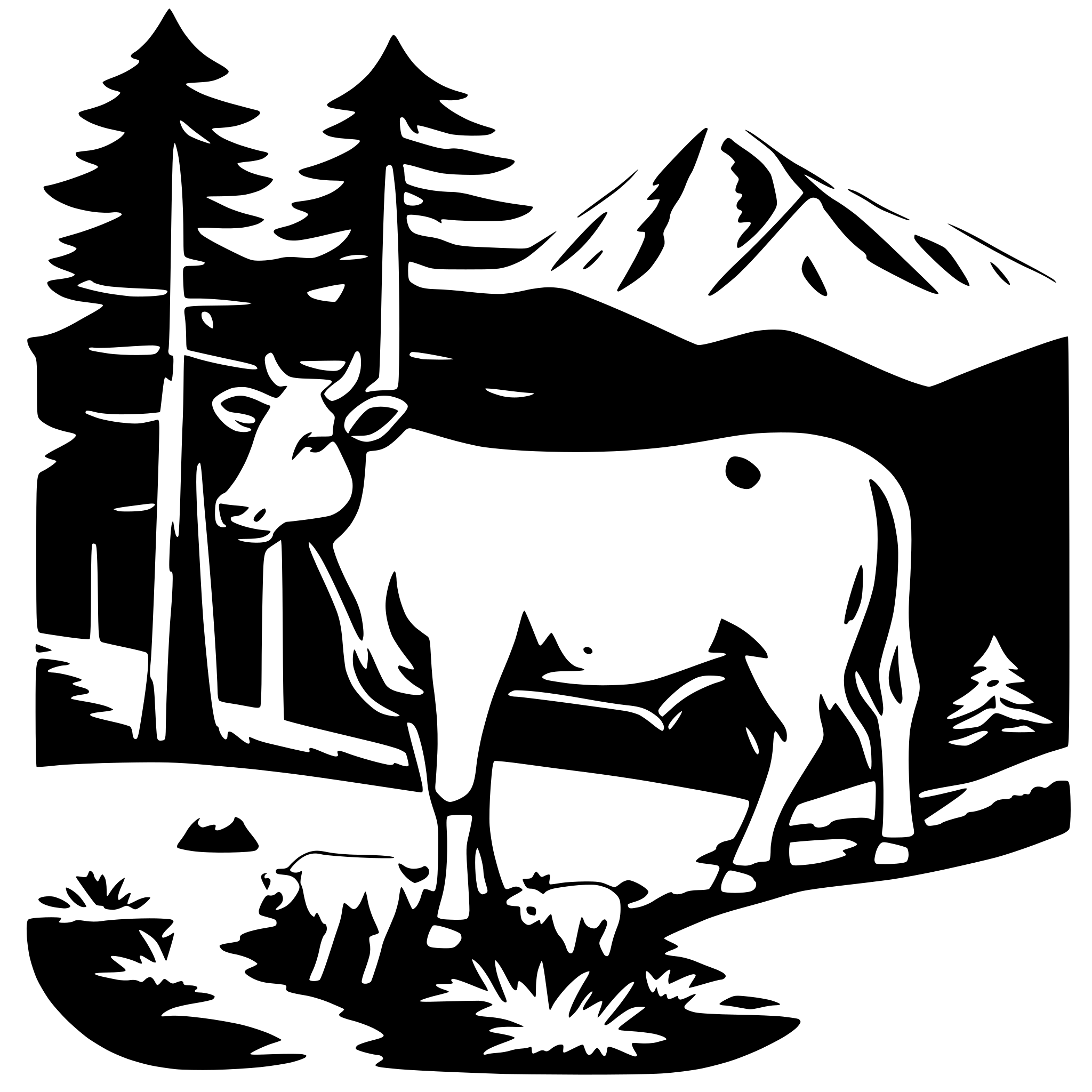 AI-generated SVG of 'oneline pine, mountain, cow, sheep,'