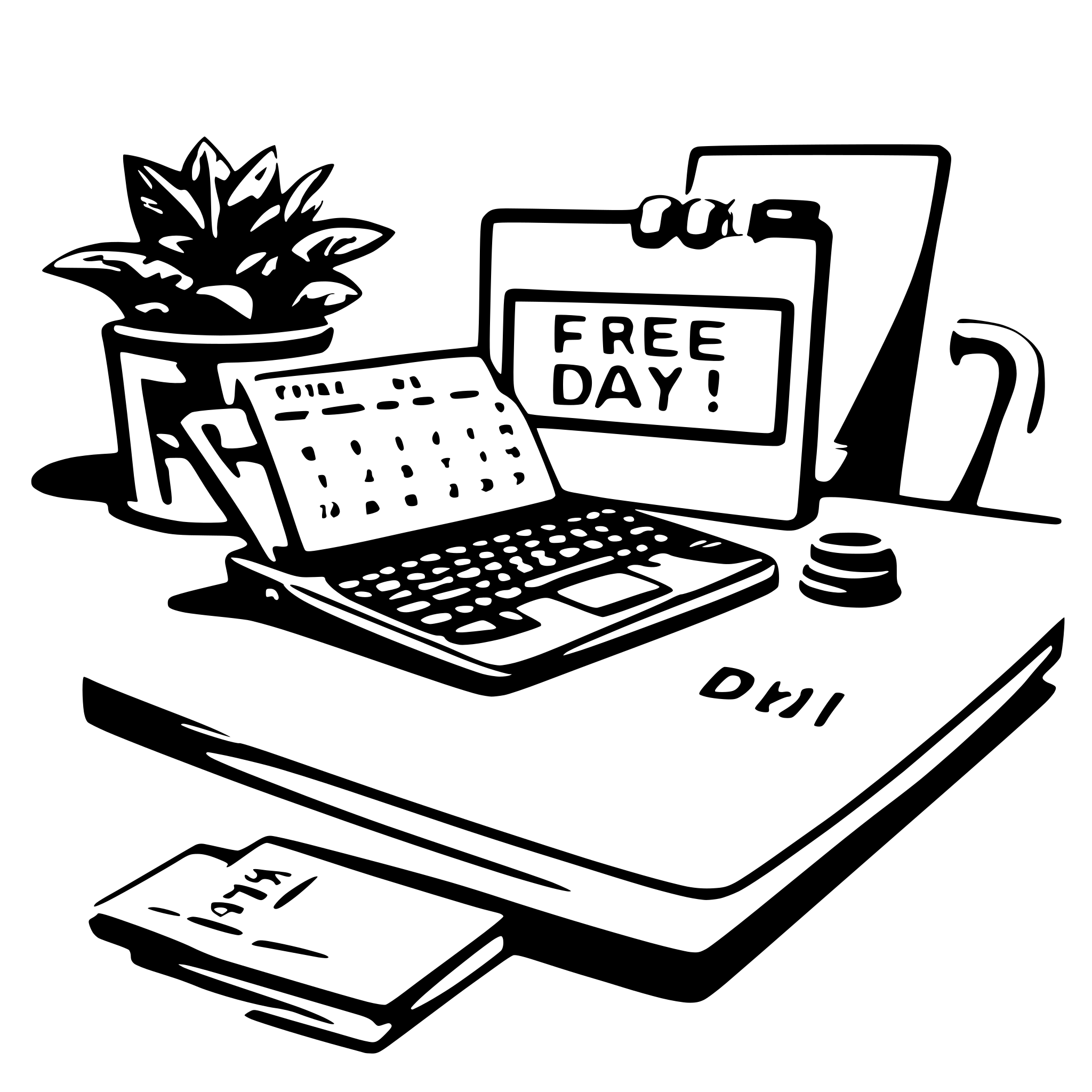 AI-generated SVG of 'A clean desk with a closed laptop, a calendar propped up, and a motivational sticky note saying "Free Day!"'