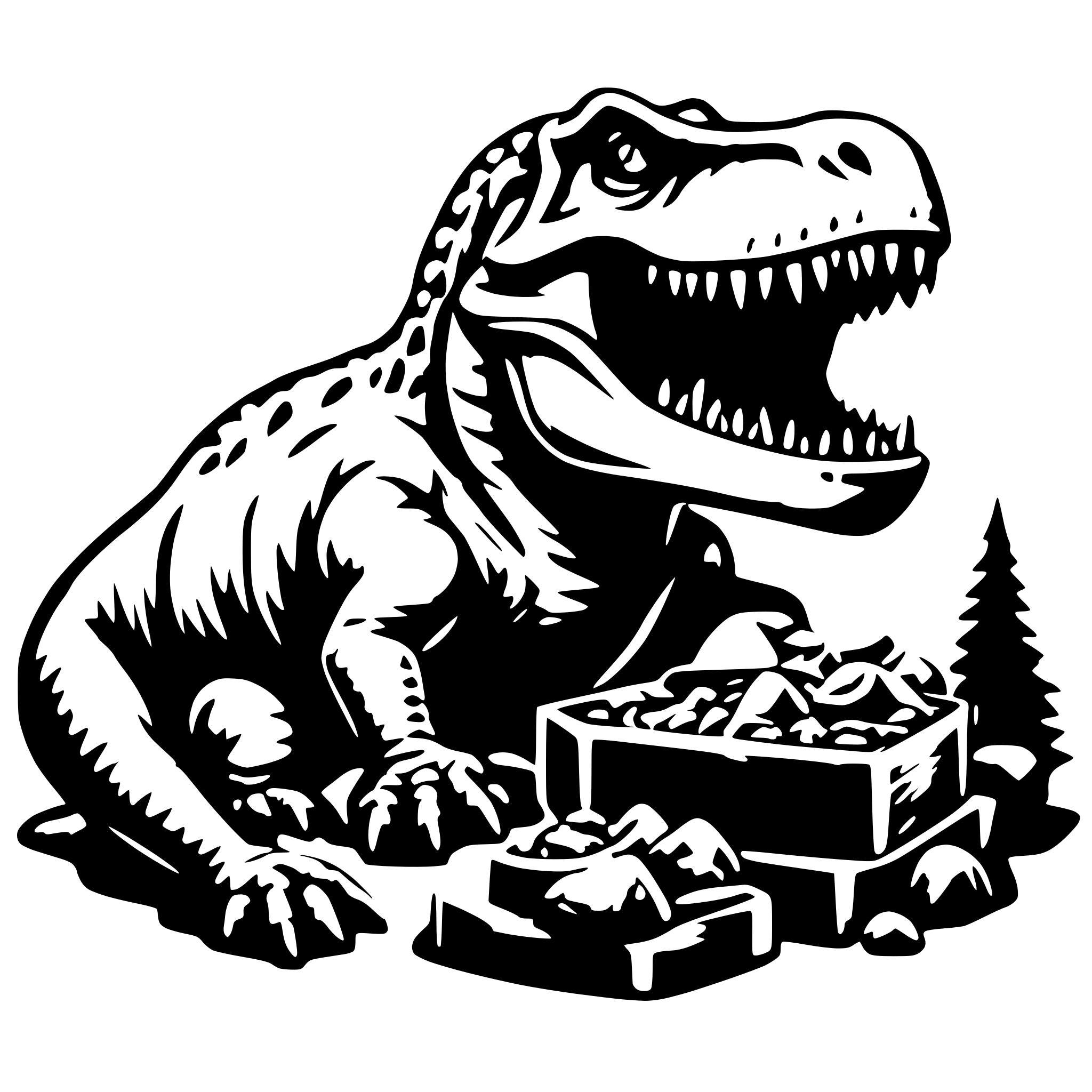 AI-generated SVG of a roaring tyrannosaurus siiting on a treasure AI-generated SVG of a roaring tyrannosaurus siiting on a treasure