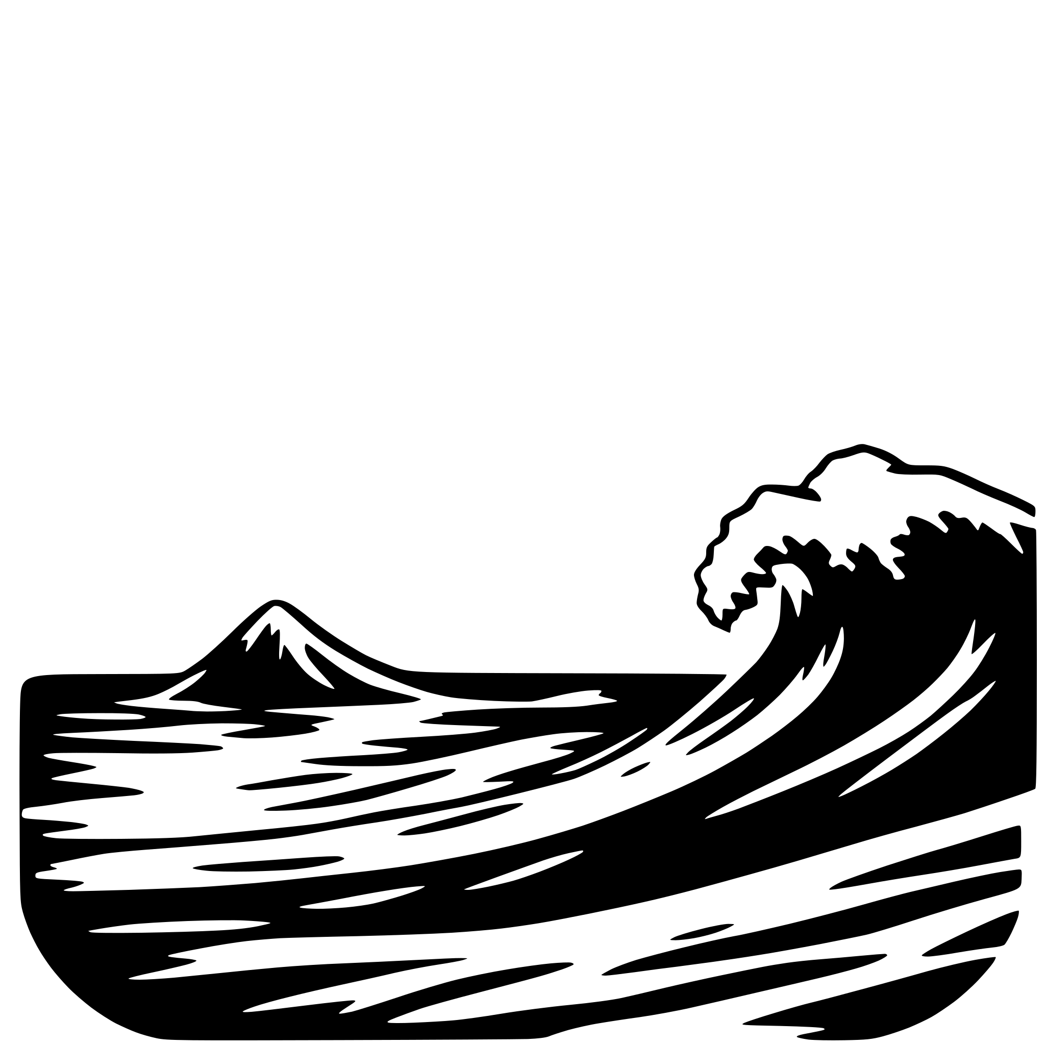The SVG depicts a stylized black and white illustration of a wave. The wave is depicted with a crest and a trough, suggesting motion and the dynamic nature of waves. The wave is set against a plain background, which does not contain any additional details or objects. The wave's form is simplistic, with no intricate details or textures, focusing on the basic shape of a wave. The wave's position in the SVG is central, drawing the viewer's attention to its form. The SVG does not contain any interaction between objects, as it is a single, isolated illustration. 