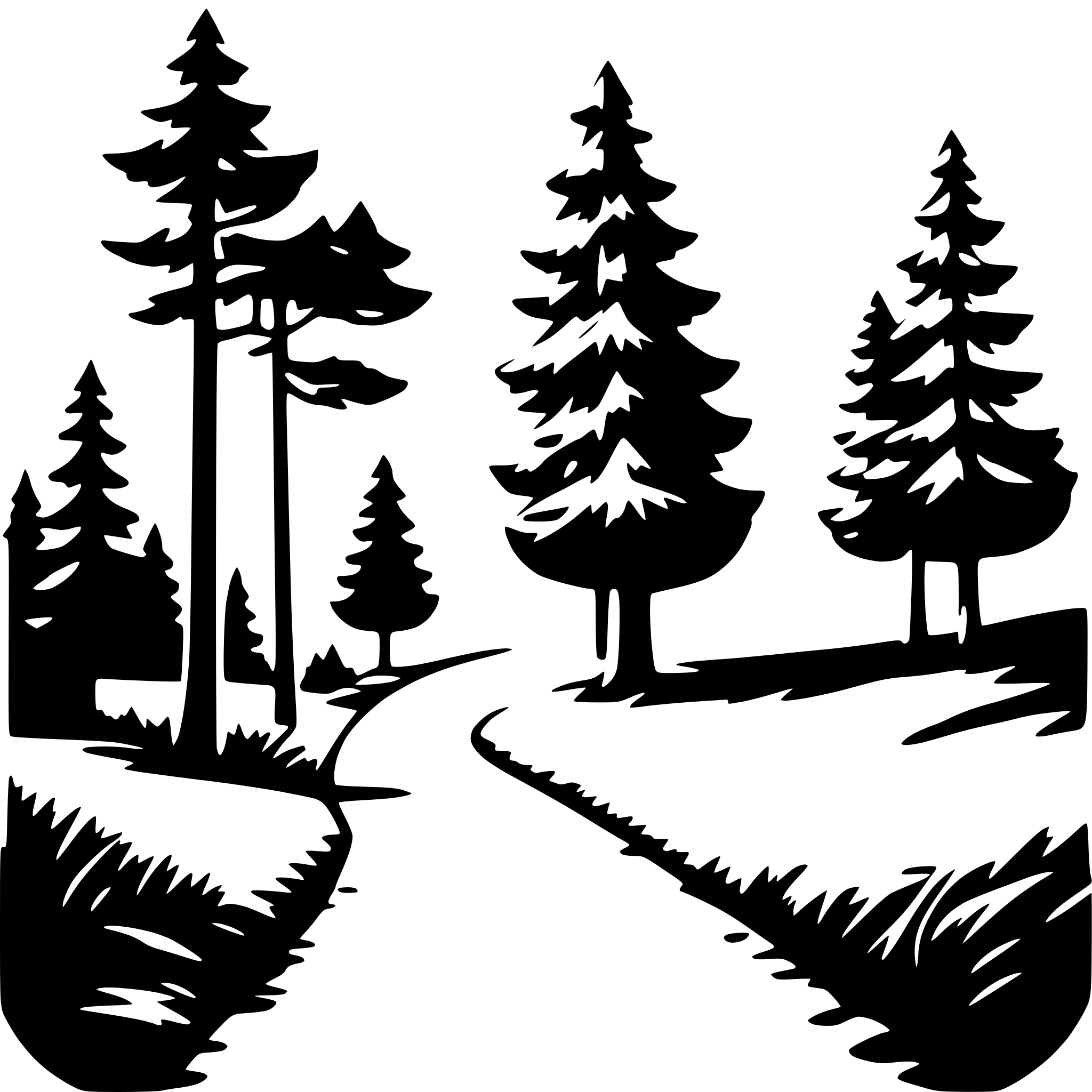 The SVG depicts a stylized, silhouetted forest scene. There are three tall evergreen trees on the right side, with their branches and needles detailed to suggest a snowy environment. A winding path or road cuts through the center of the SVG, leading towards the trees. The path is flanked by a grassy area on the left, which is also detailed to show a snowy ground surface. The overall style is minimalistic and uses negative space to create the impression of a winter landscape. 