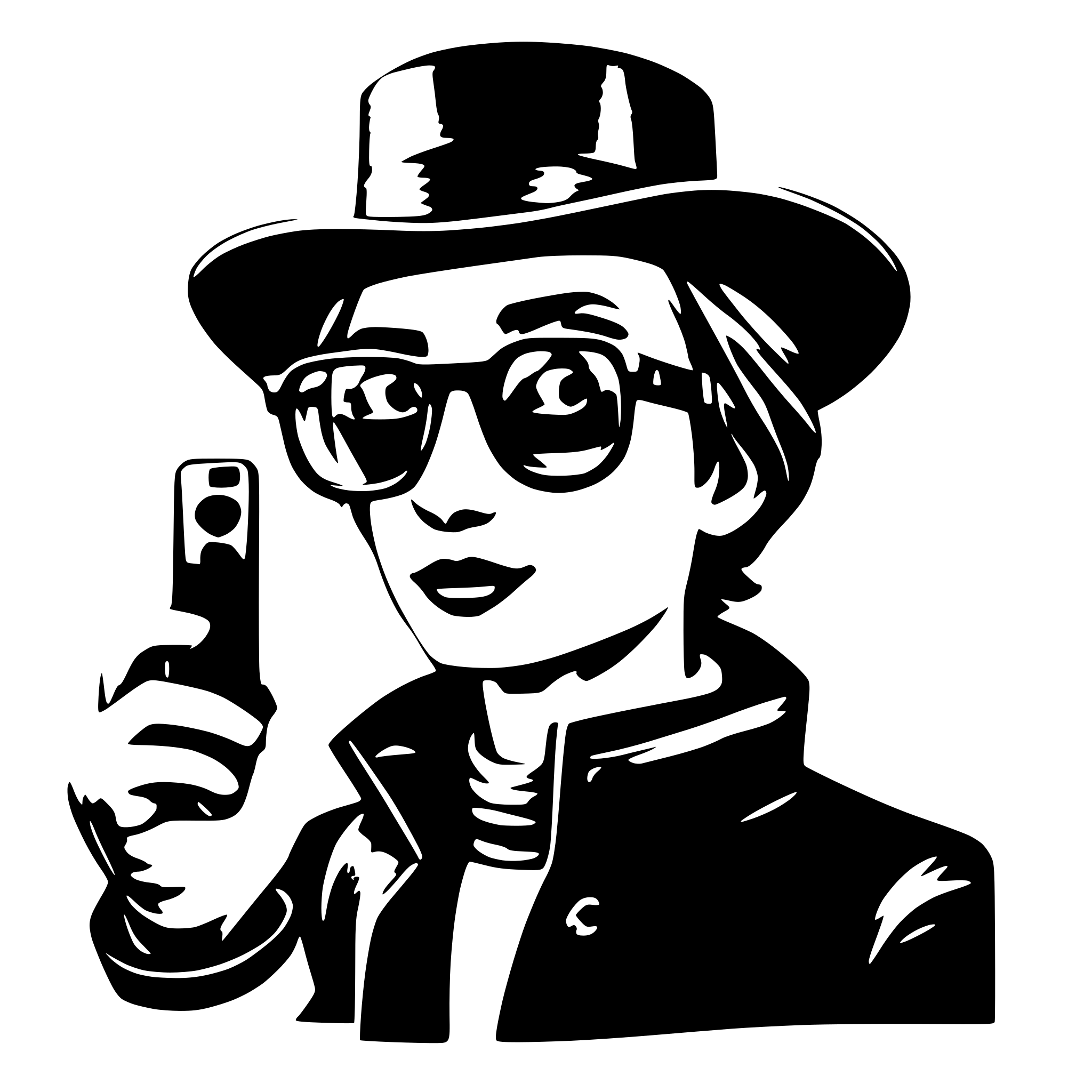 AI-generated SVG of 'a person is doing a selfie video, where a black glasses and hat is pop on him'