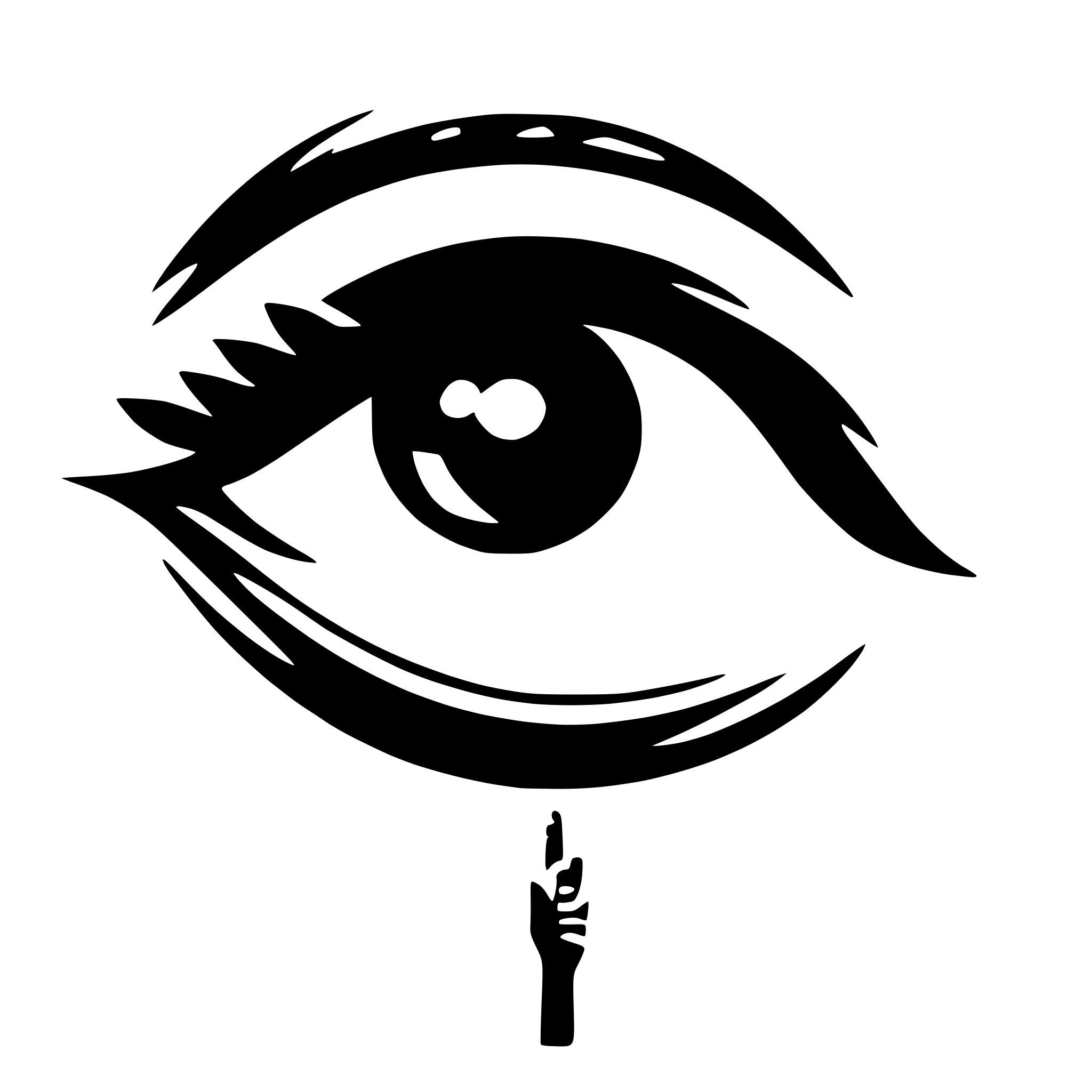 AI-generated SVG of 'a black and white vector art of a disembodied eye with angel wings on each sides. Below the eye are 2 people touching their palm together.'
