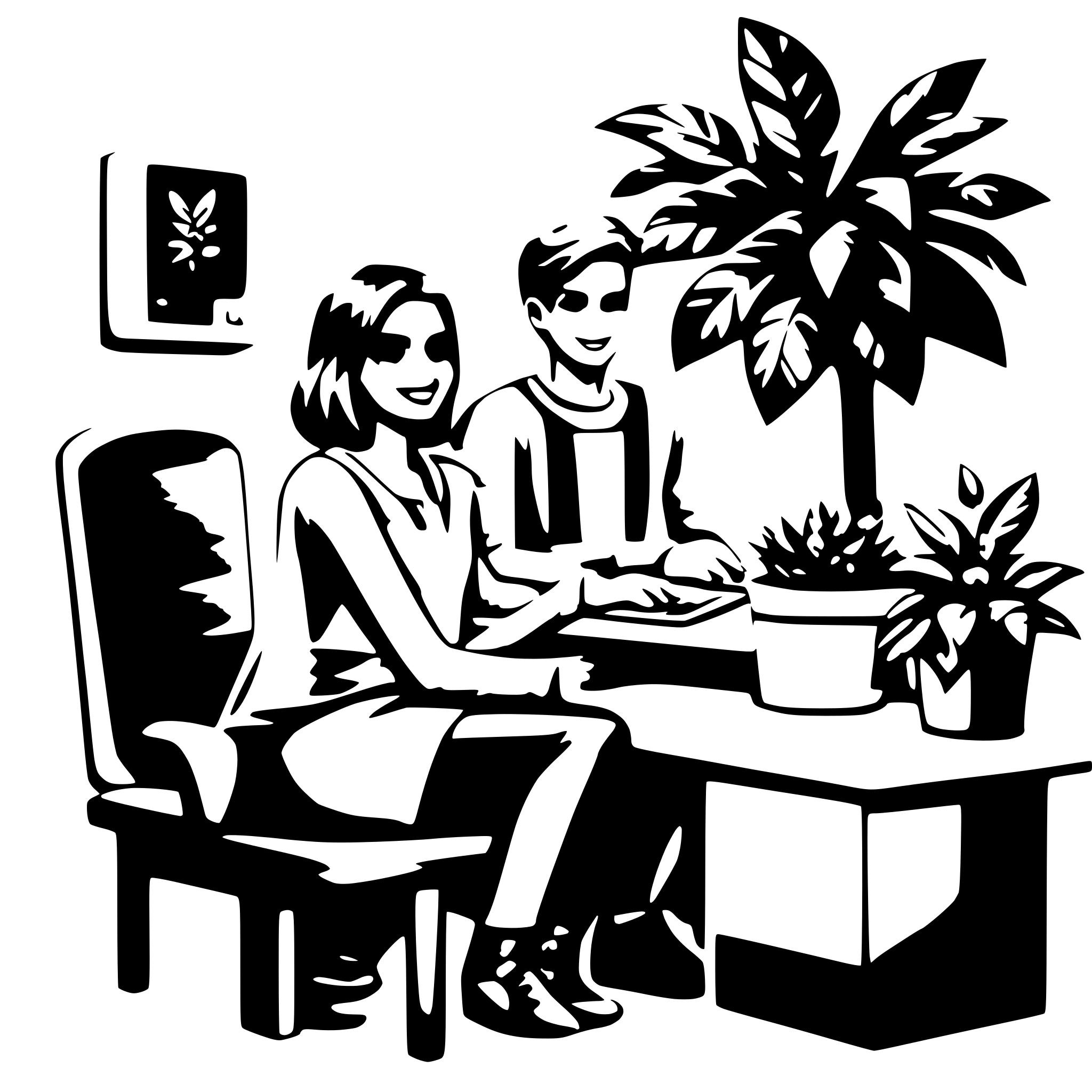 AI-generated SVG of a 3 young people, meeting, computer, desk, plant, happy