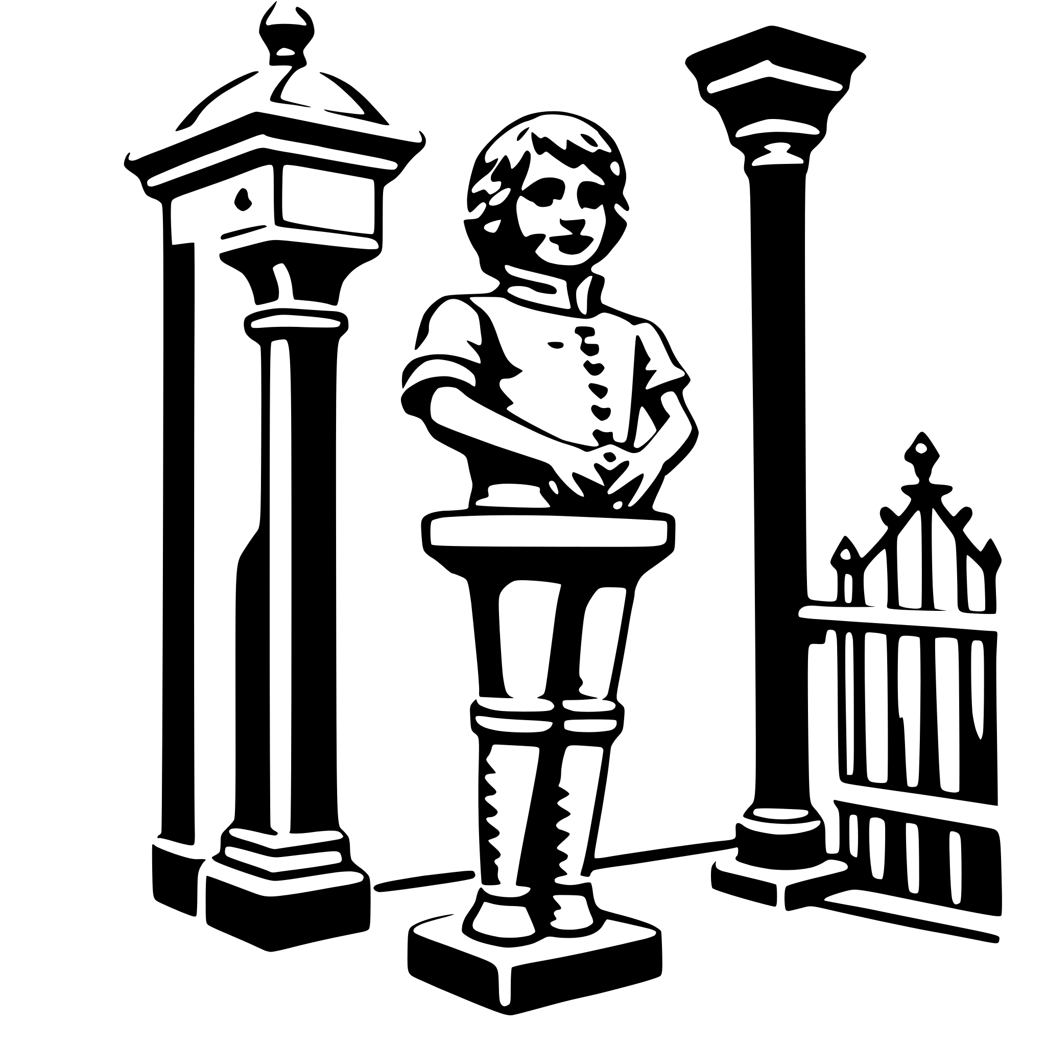 The SVG features a black and white illustration of a young boy standing between two pillars. The boy is depicted with his arms crossed, wearing a short-sleeved shirt and shorts, and is standing on a pedestal. To the right of the boy is a simple, classic-style metal gate with pointed tops. The pillars are ornate, with decorative elements at the top, and they are positioned symmetrically on either side of the boy. The boy appears to be the central figure in the composition, with the pillars framing him. The gate is to the right of the boy, suggesting a boundary or entrance. The overall style of the SVG is reminiscent of a classic or historical setting. 