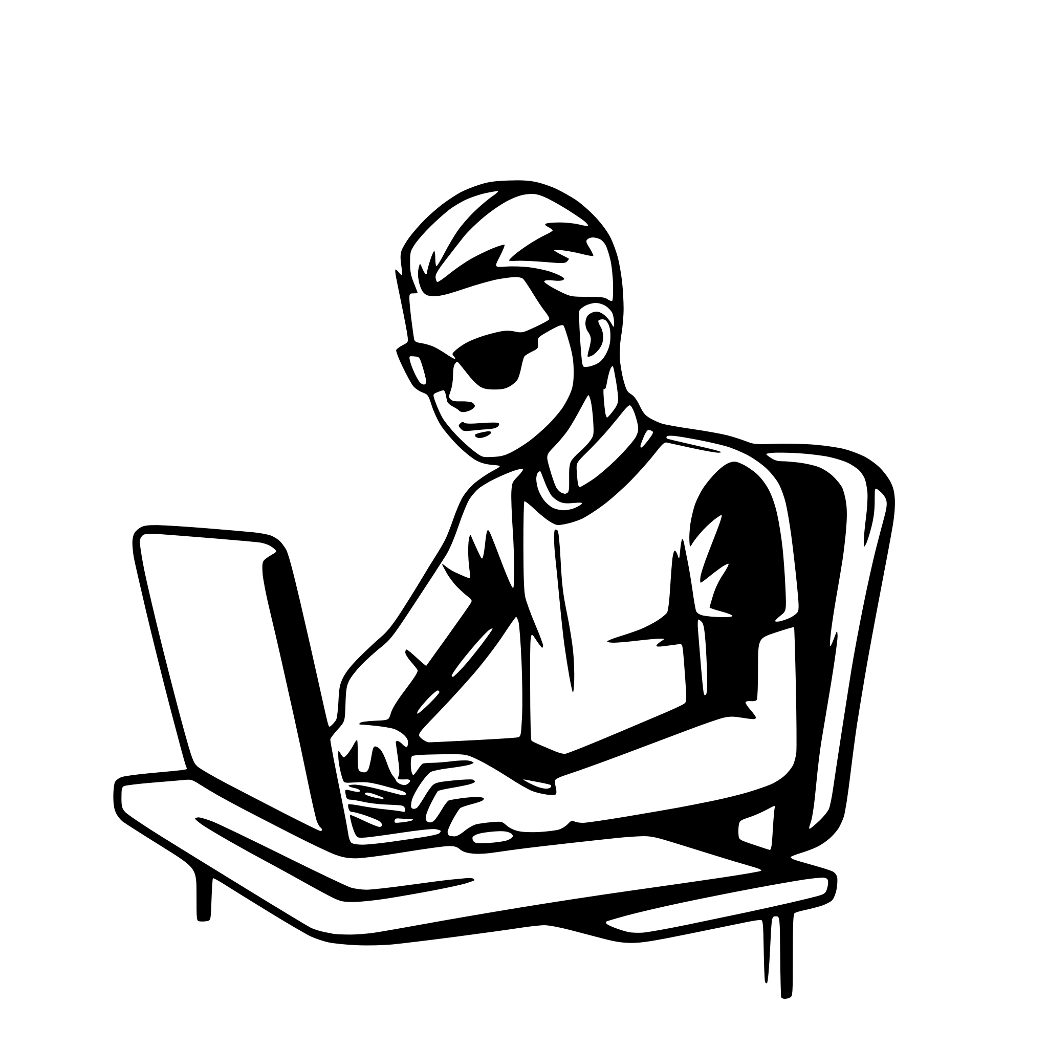 AI-generated SVG of a Male software developer. White background. No background. This is a programmer facing us. Sitting at a desk with a laptop and coding. Wearing a t-shirt and jeans. Use three colors. Light blue and black colors. No text.